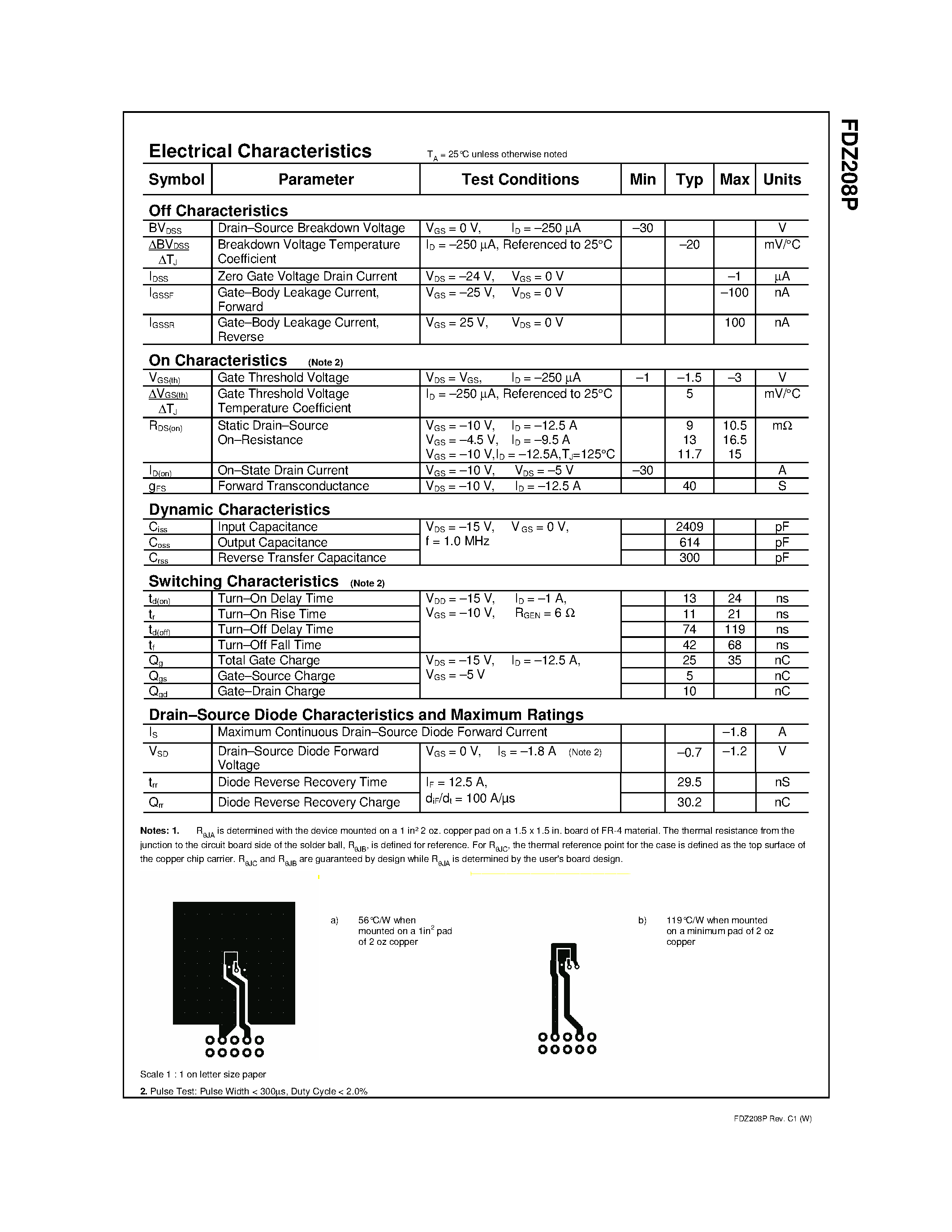 Datasheet FDZ208P - P-Channel 30 Volt PowerTrench page 2