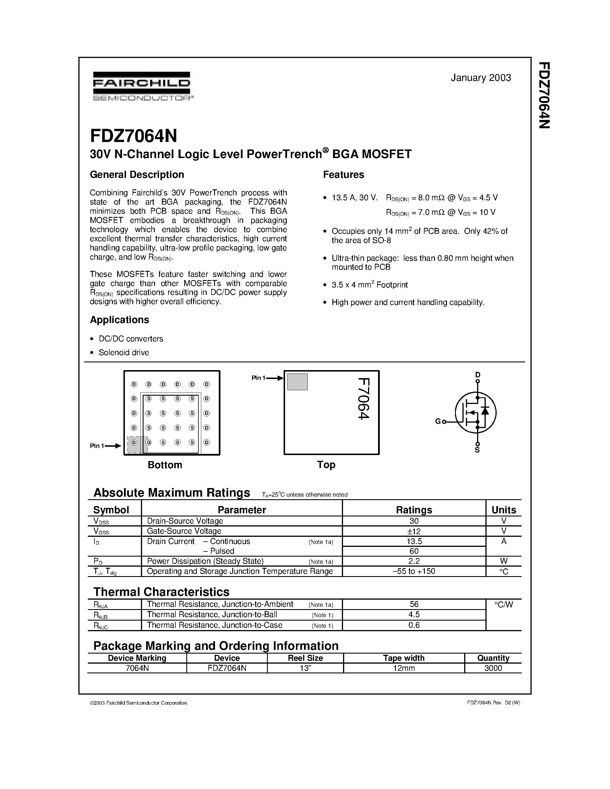 Даташит FDZ7064N - 30V N-Channel Logic Level PowerTrench BGA MOSFET страница 1