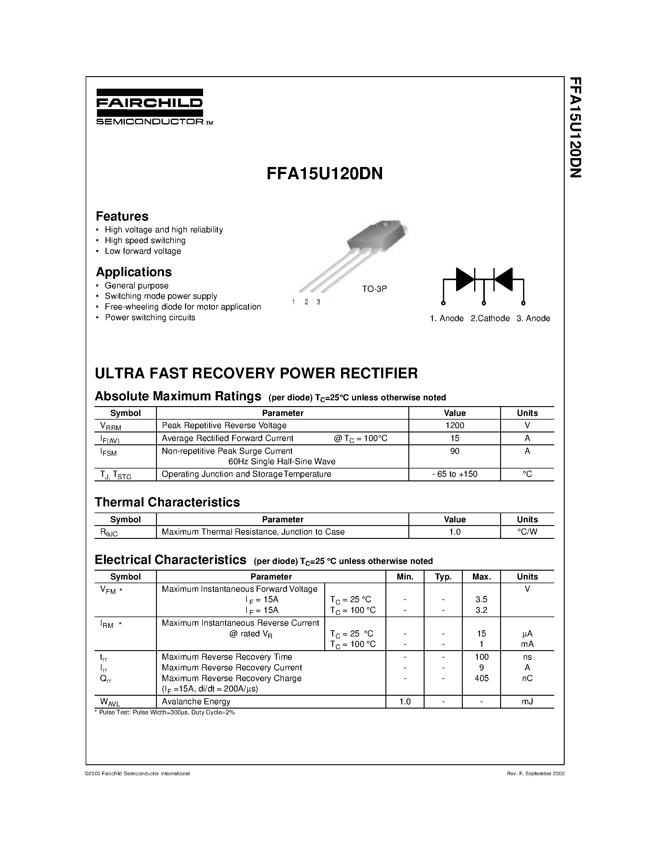 Datasheet FFA15U120DN - ULTRA FAST RECOVERY POWER RECTIFIER page 1