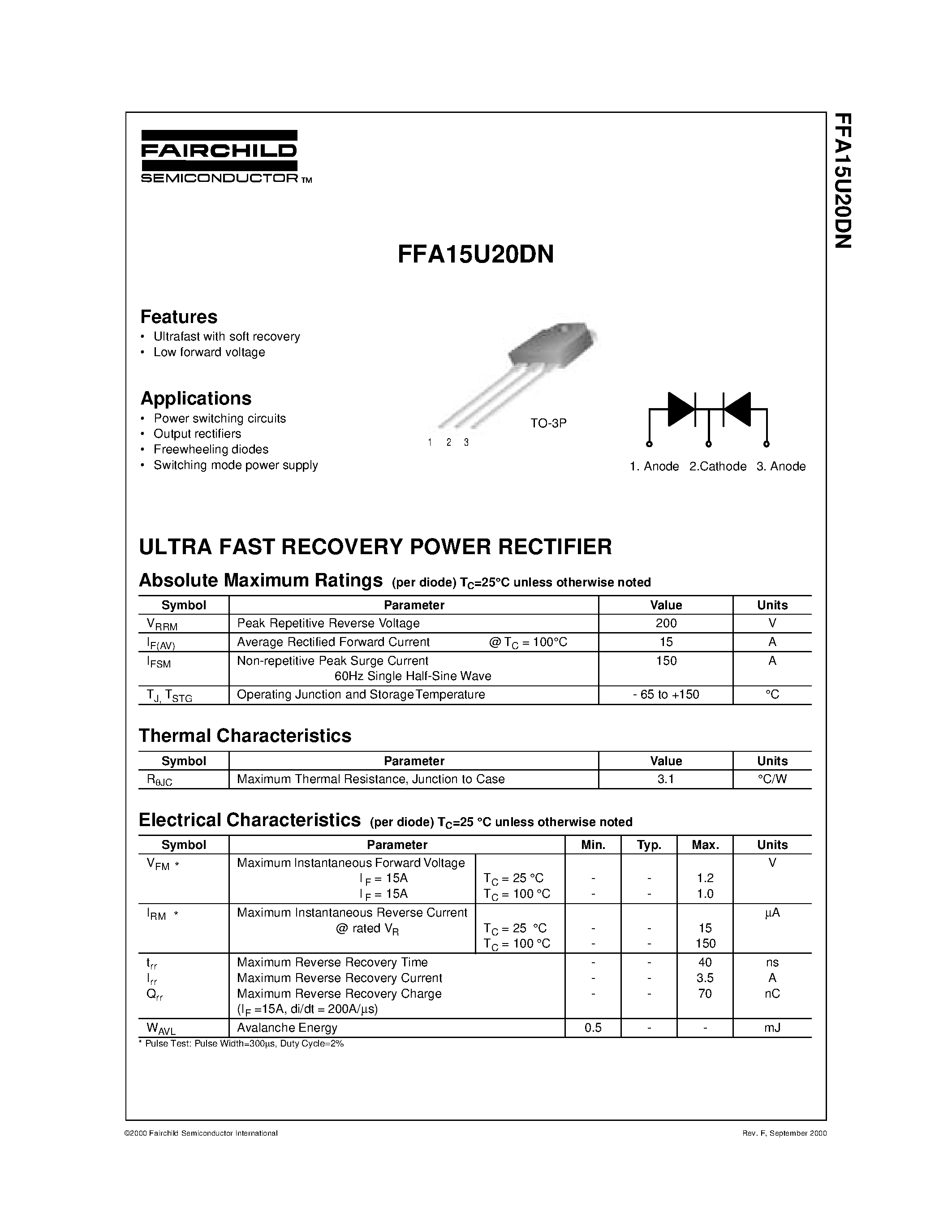 Datasheet FFA15U20DN - ULTRA FAST RECOVERY POWER RECTIFIER page 1