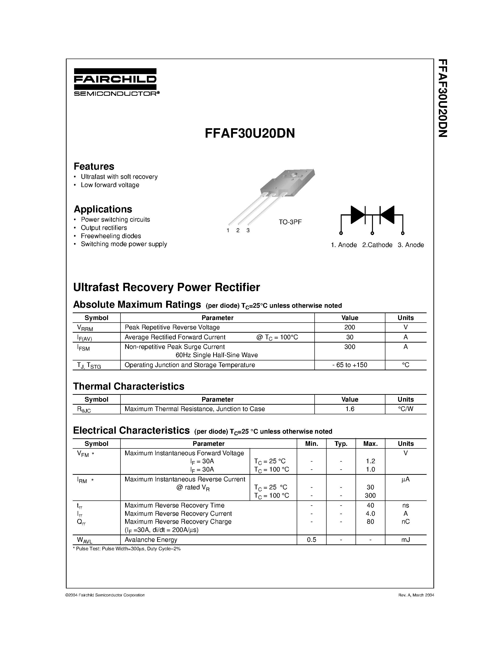 Даташит FFAF30U20DN - Ultrafast Recovery Power Rectifier страница 1