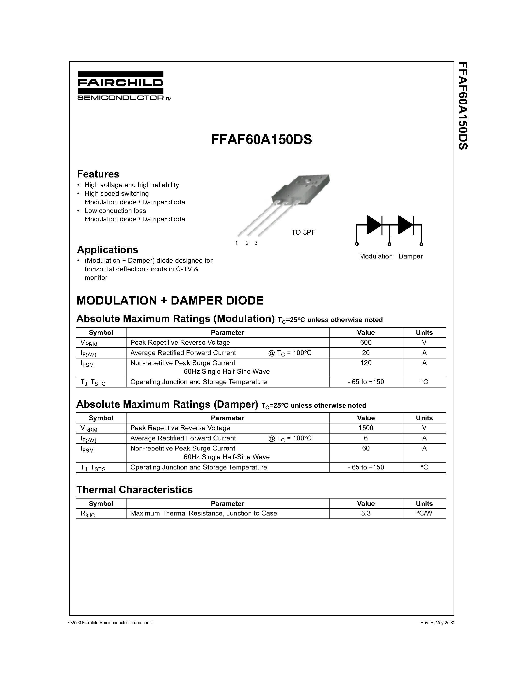 Datasheet FFAF60A150DS - MODULATION + DAMPER DIODE page 1