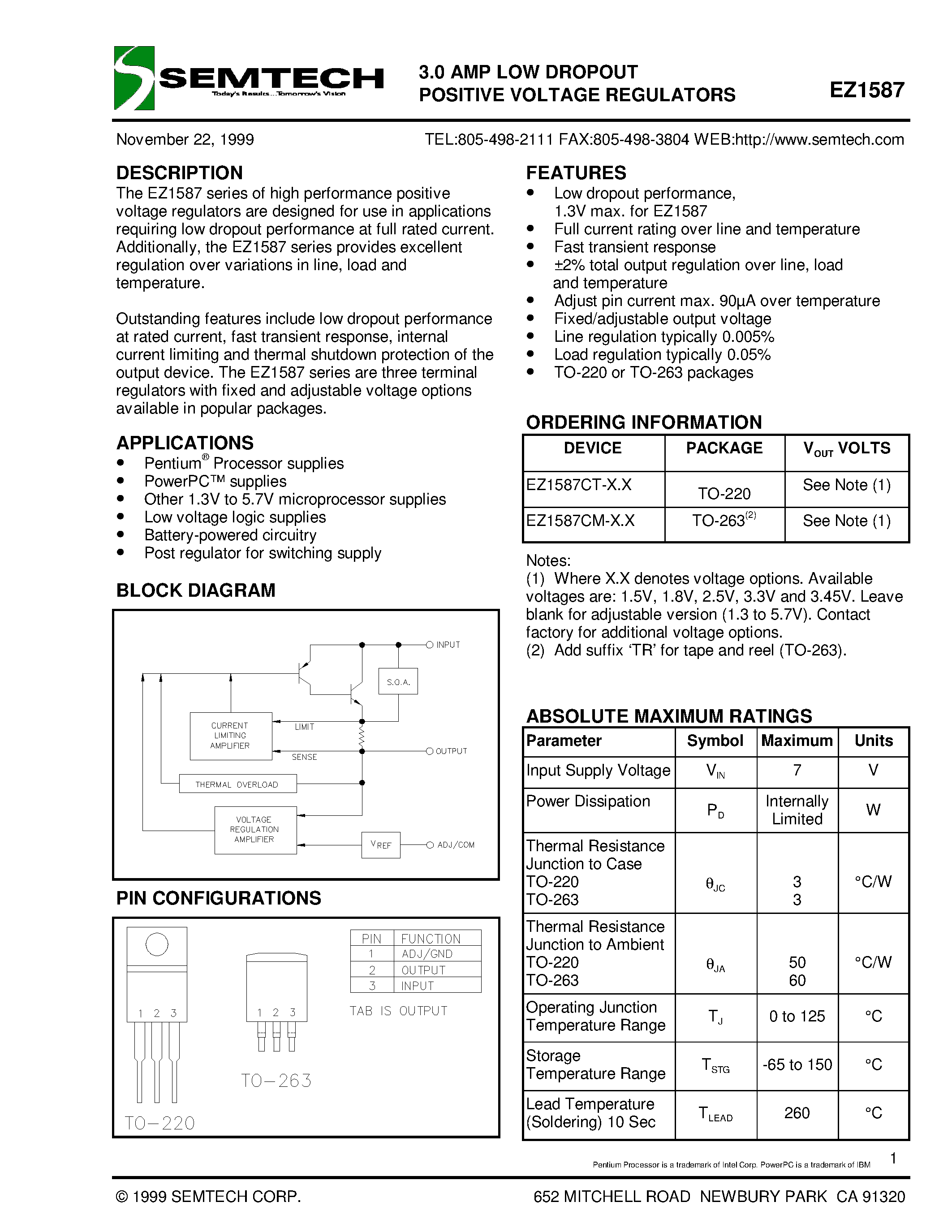 Datasheet EZ1587CM-3.3 - 3.0 AMP LOW DROPOUT POSITIVE VOLTAGE REGULATORS page 1