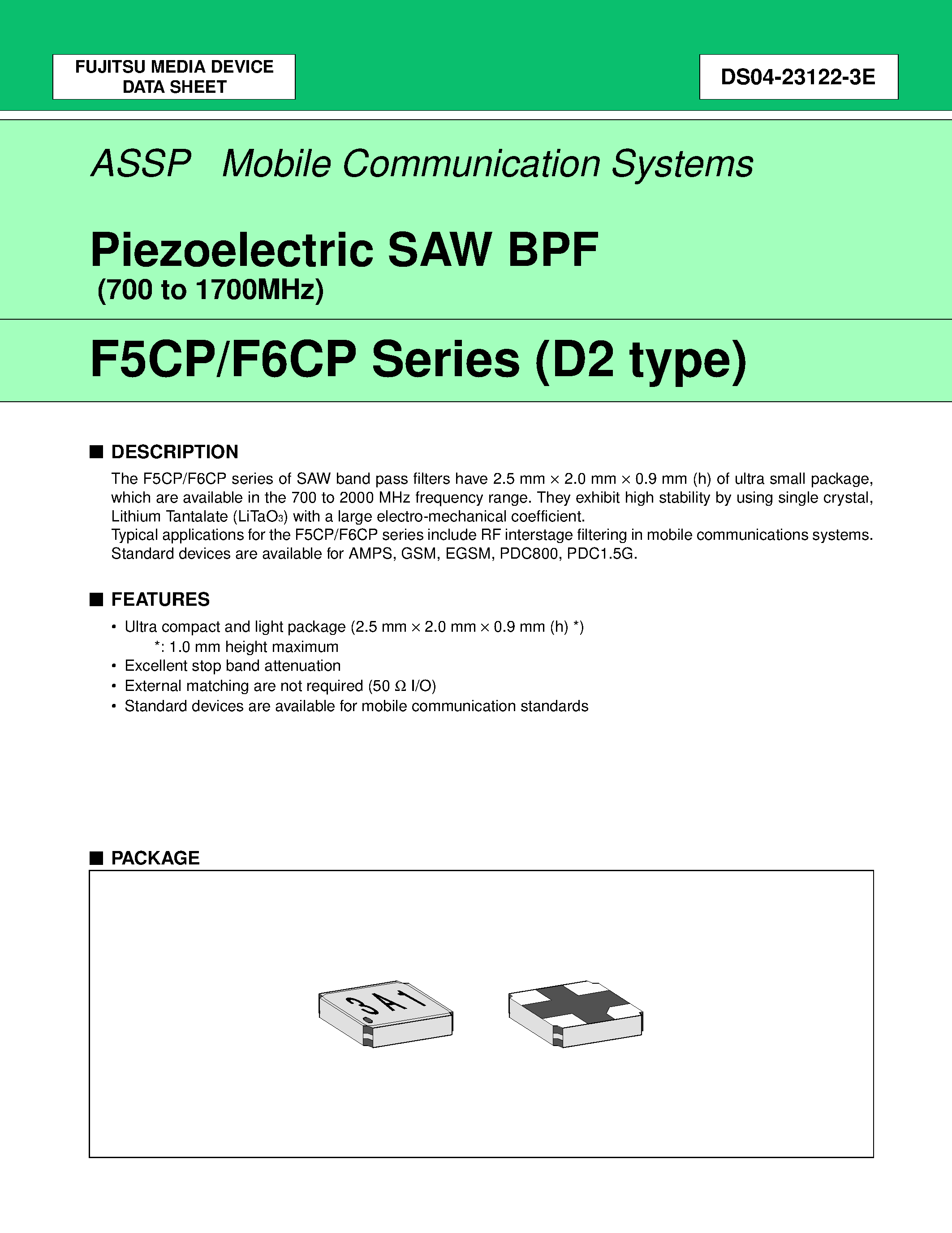 Datasheet FAR-F5CP-881M50-D204-U - Piezoelectric SAW BPF (700 to 1700MHz) page 1