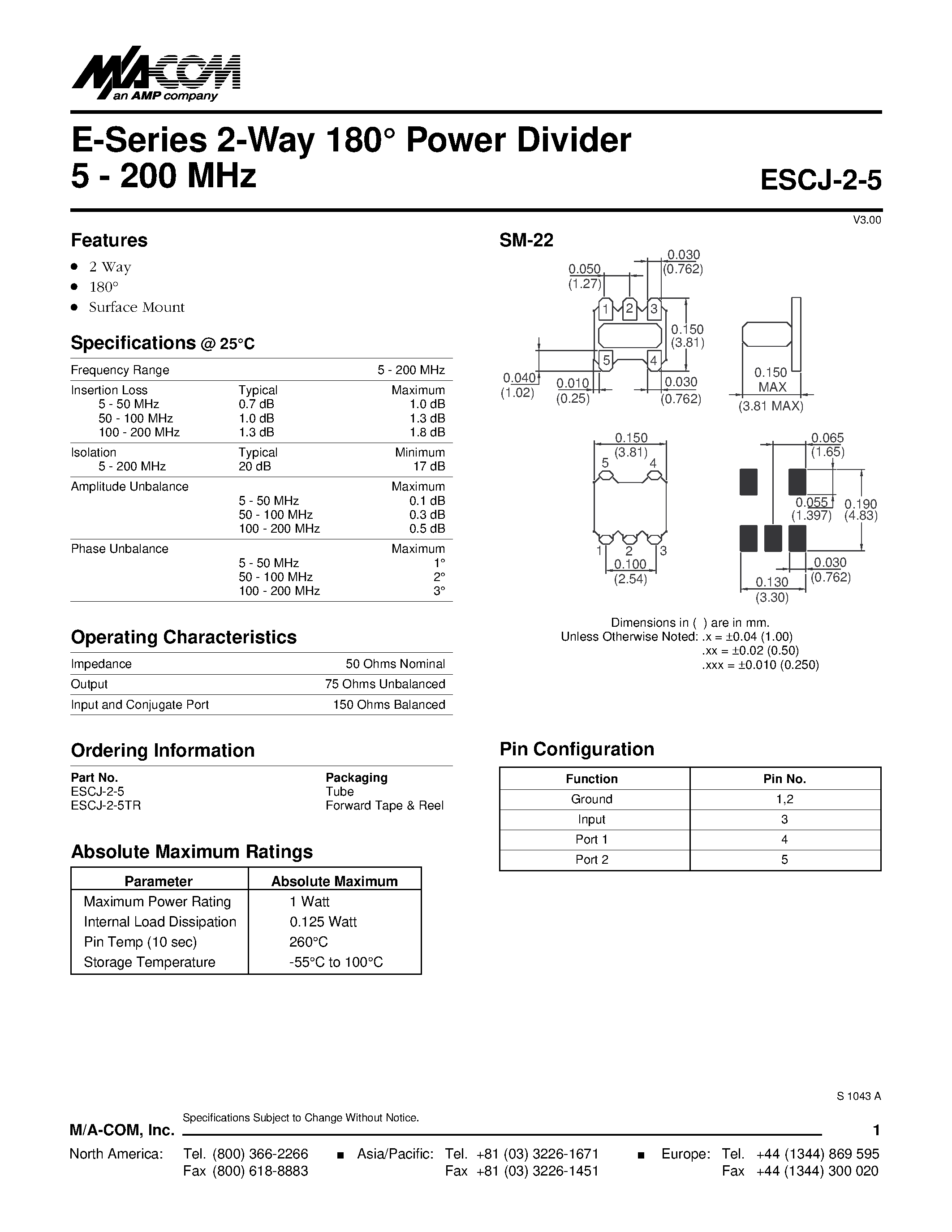 Даташит ESCJ-2-5 - E-Series 2-Way 180 Power Divider 5 - 200 MHz страница 1