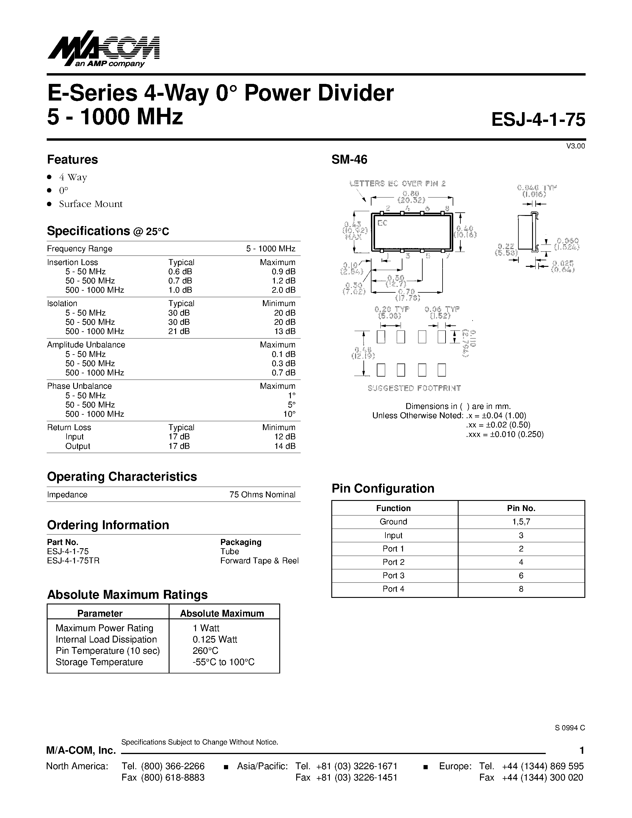 Даташит ESJ-4-1-75 - E-Series 4-Way 0 Power Divider 5 - 1000 MHz страница 1