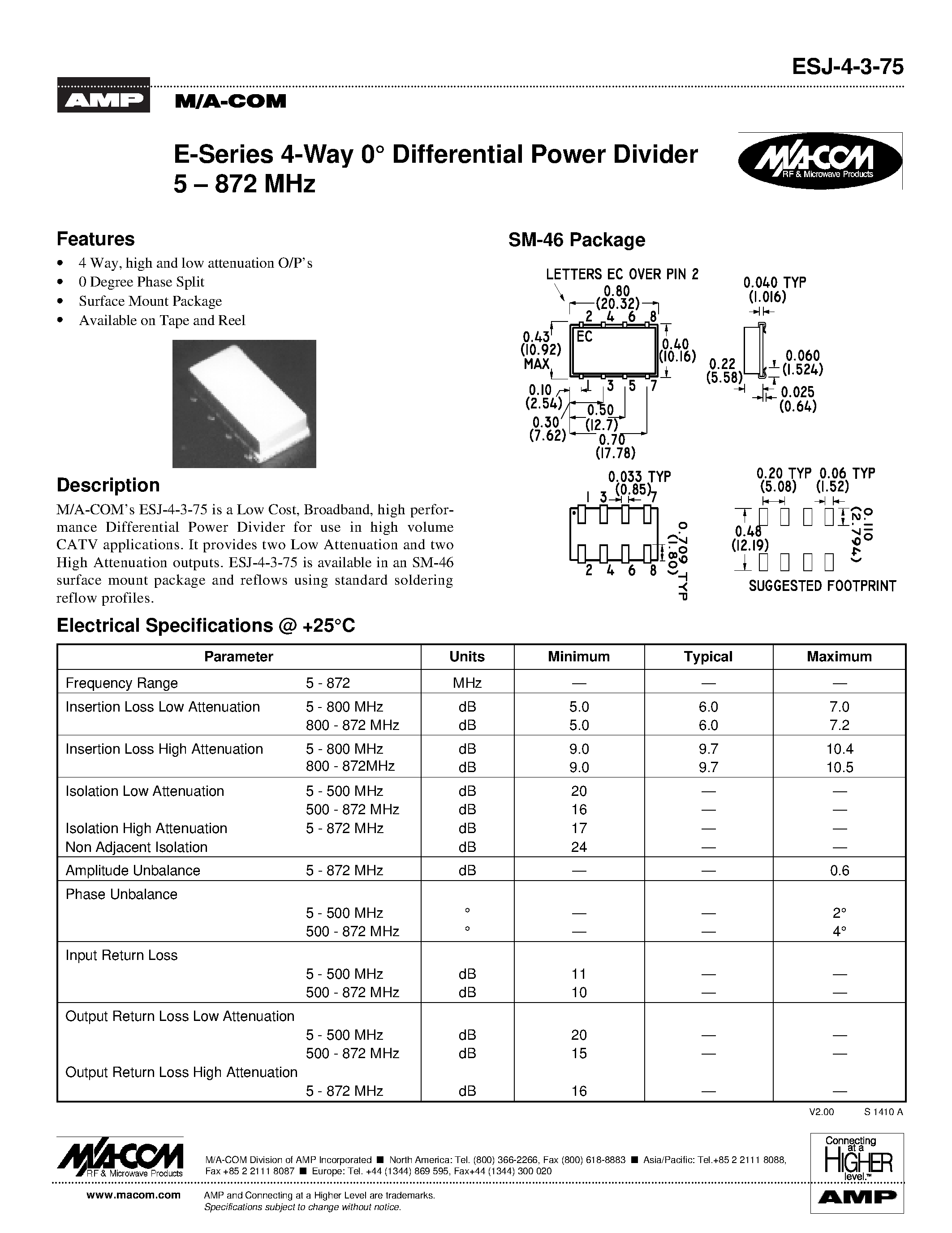 Даташит ESJ-4-3-75 - E-Series 4-Way 0 Differential Power Divider 5 - 872 MHz страница 1