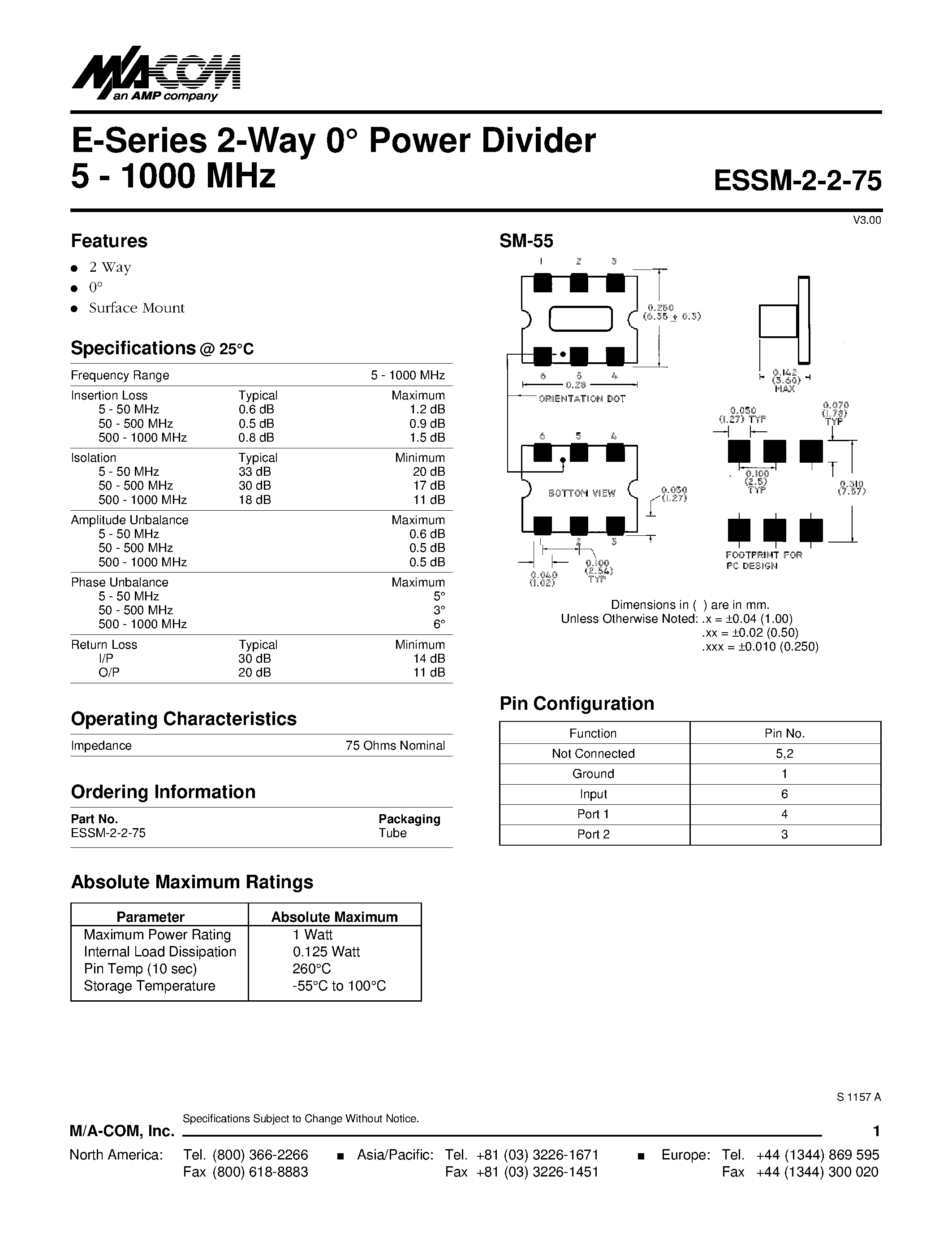 Даташит ESSM-2-2-75 - E-Series 2-Way 0 Power Divider 5 - 1000 MHz страница 1