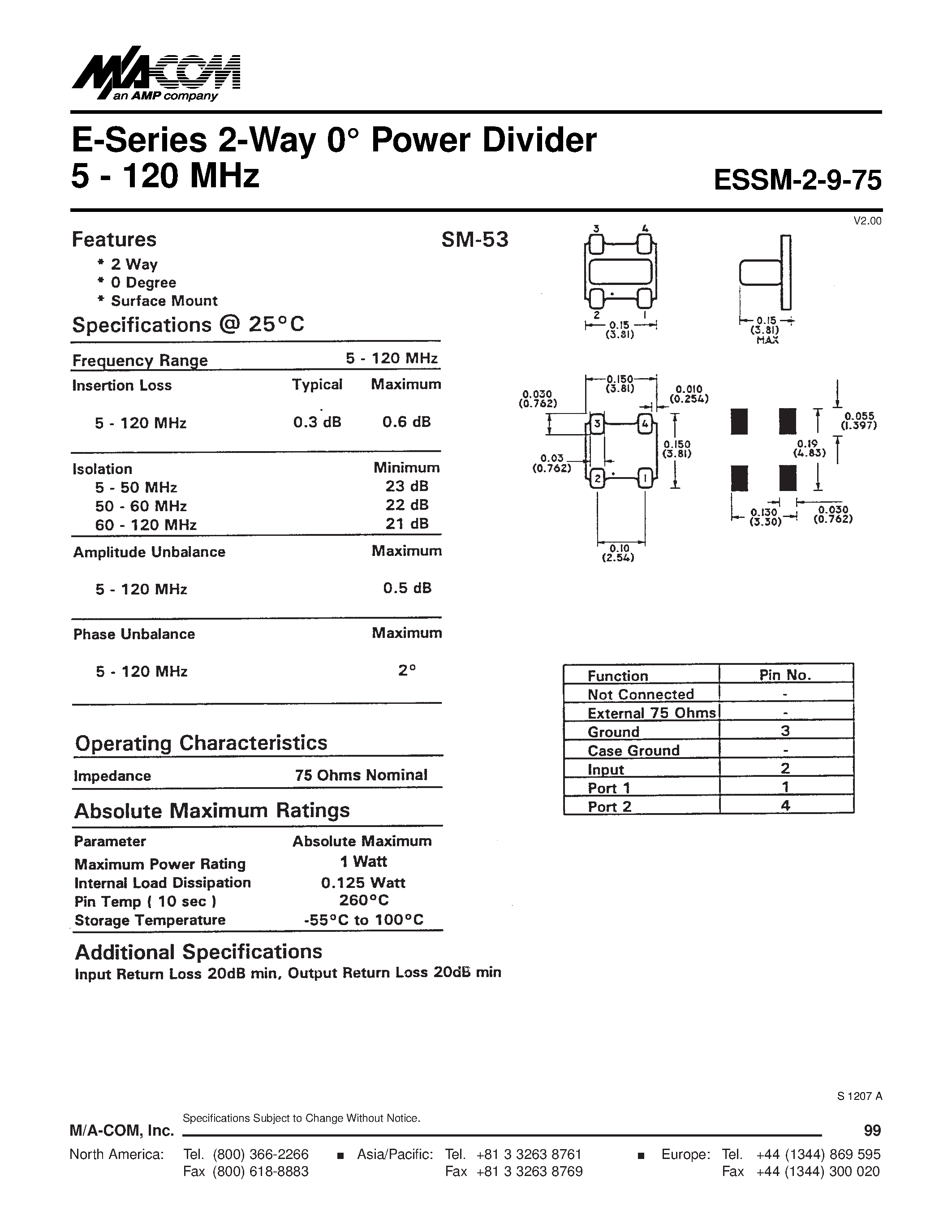 Даташит ESSM-2-9-75 - E-Series 2-Way 0 Power Divider 5 - 120 MHz страница 1