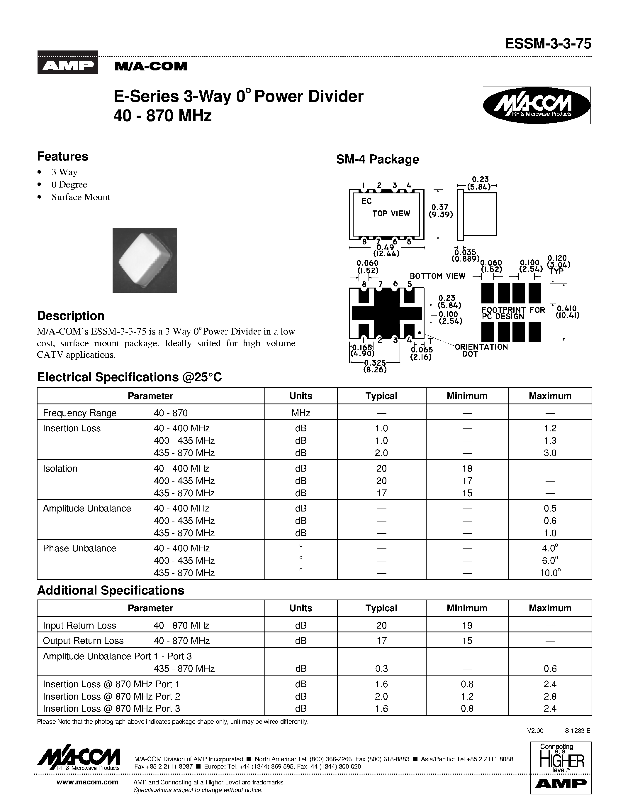 Даташит ESSM-3-3-75 - E-Series 3-Way 0 Power Divider 40 - 870 MHz страница 1