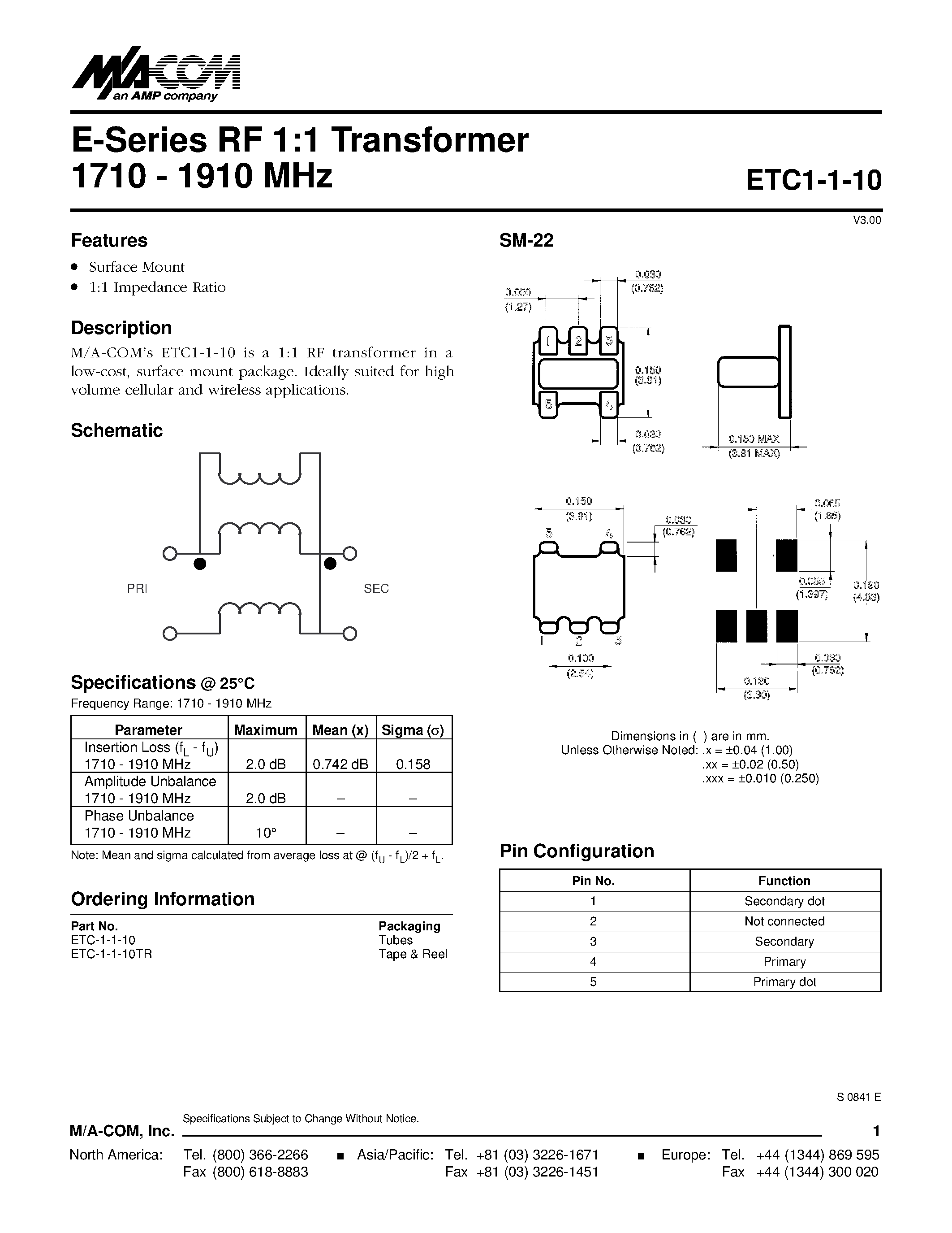Даташит ETC-1-1-10TR - E-Series RF 1:1 Transformer 1710 - 1910 MHz страница 1