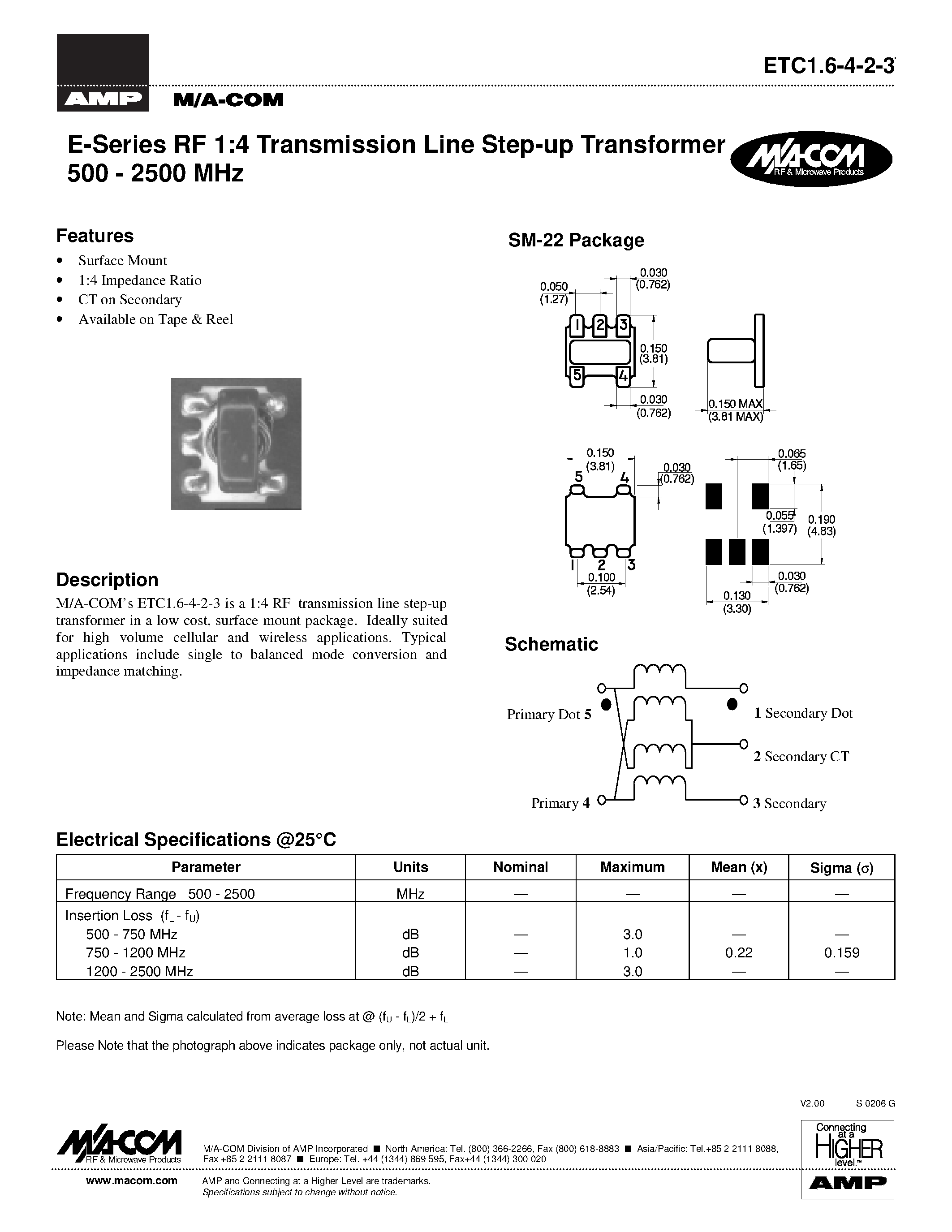 Даташит ETC16-4-2-3 - E-Series RF 1:4 Transmission Line Step-up Transformer 500 - 2500 MHz страница 1