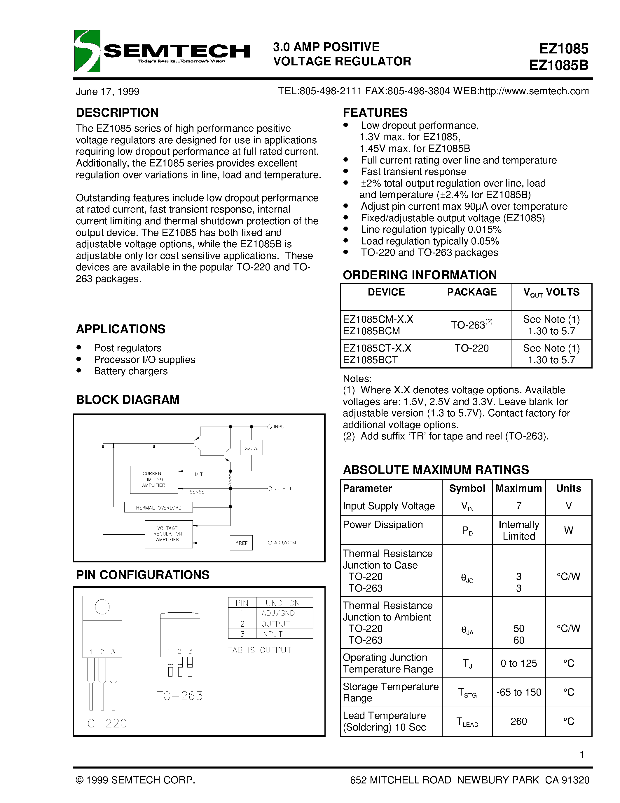 Datasheet EZ1085CM-3.3 - 3.0 AMP POSITIVE VOLTAGE REGULATOR page 1
