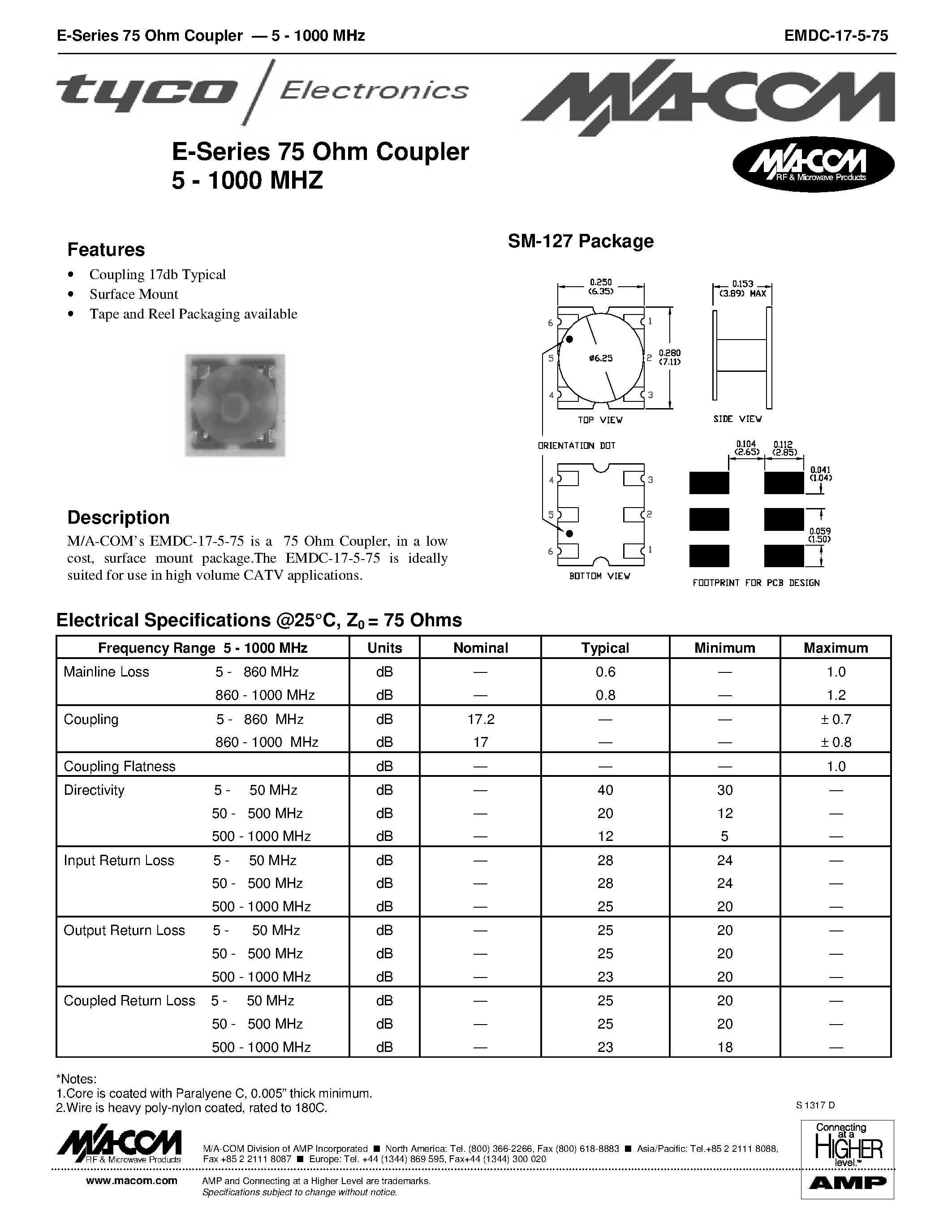 Datasheet EMDC-17-5-75 - E-Series 75 Ohm Coupler 5 - 1000 MHZ page 1