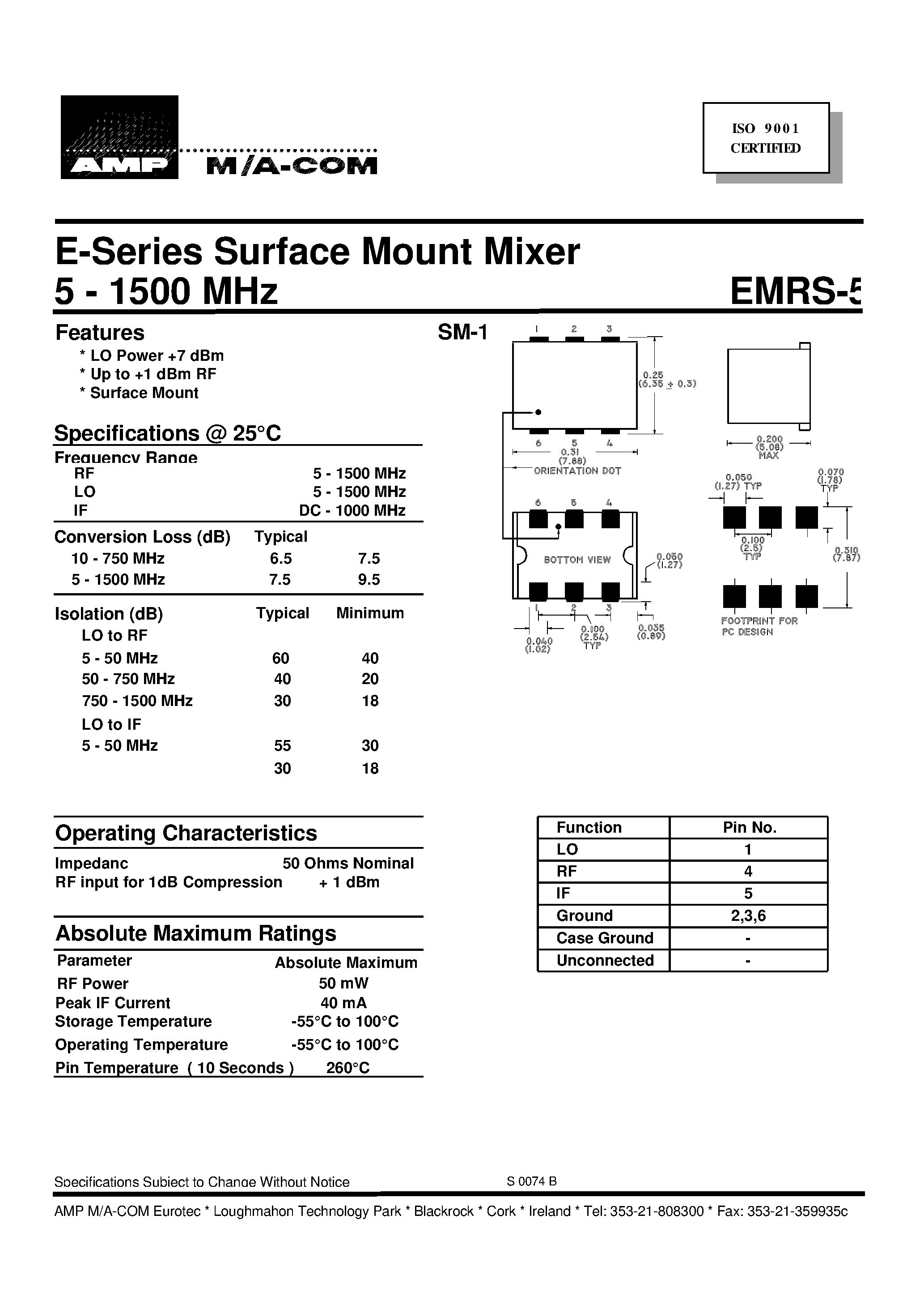 Даташит EMRS-5 - 5 - 1500 MHz E-Series Surface Mount Mixer страница 1