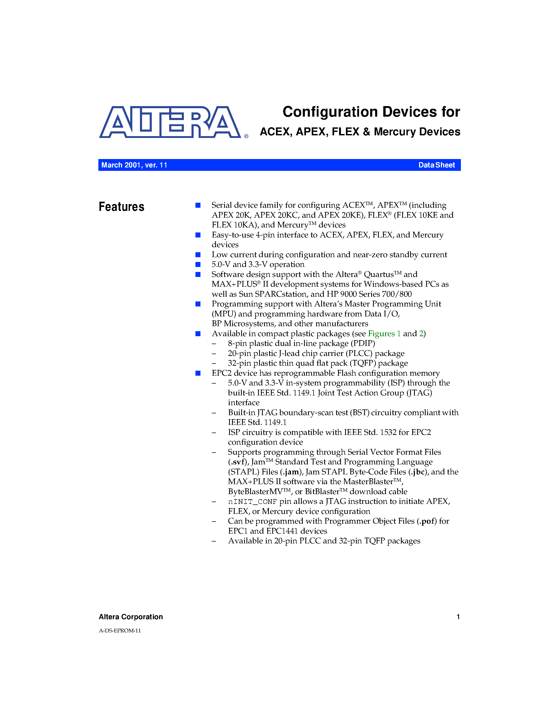 Даташит EPC1 - Configuration Devices for ACEX/ APEX/ FLEX & Mercury Devices страница 1