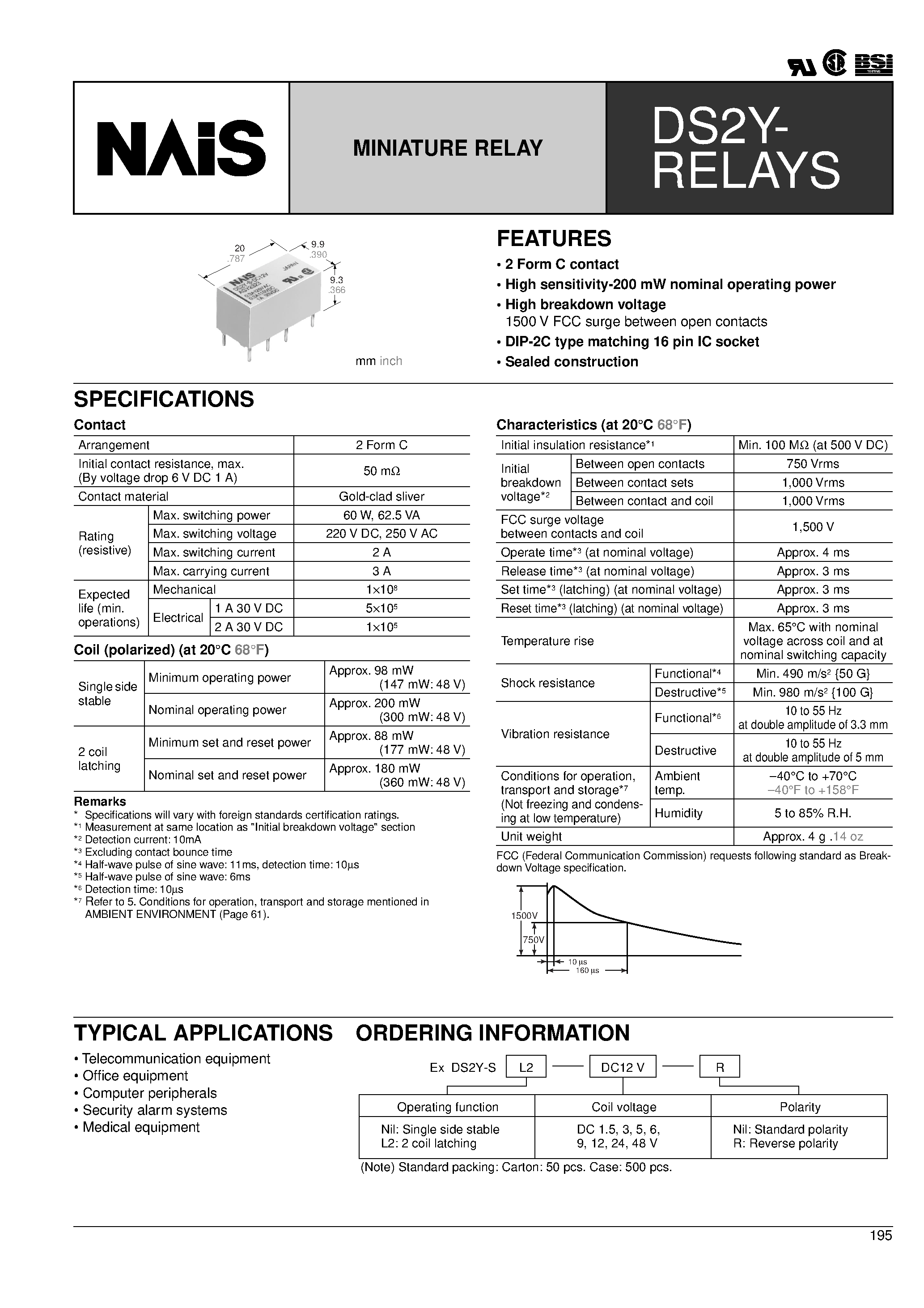 Datasheet DS2Y-SL2-DC1.5V - 2 Form C contact High sensitivity-200 mW nominal operating power page 1