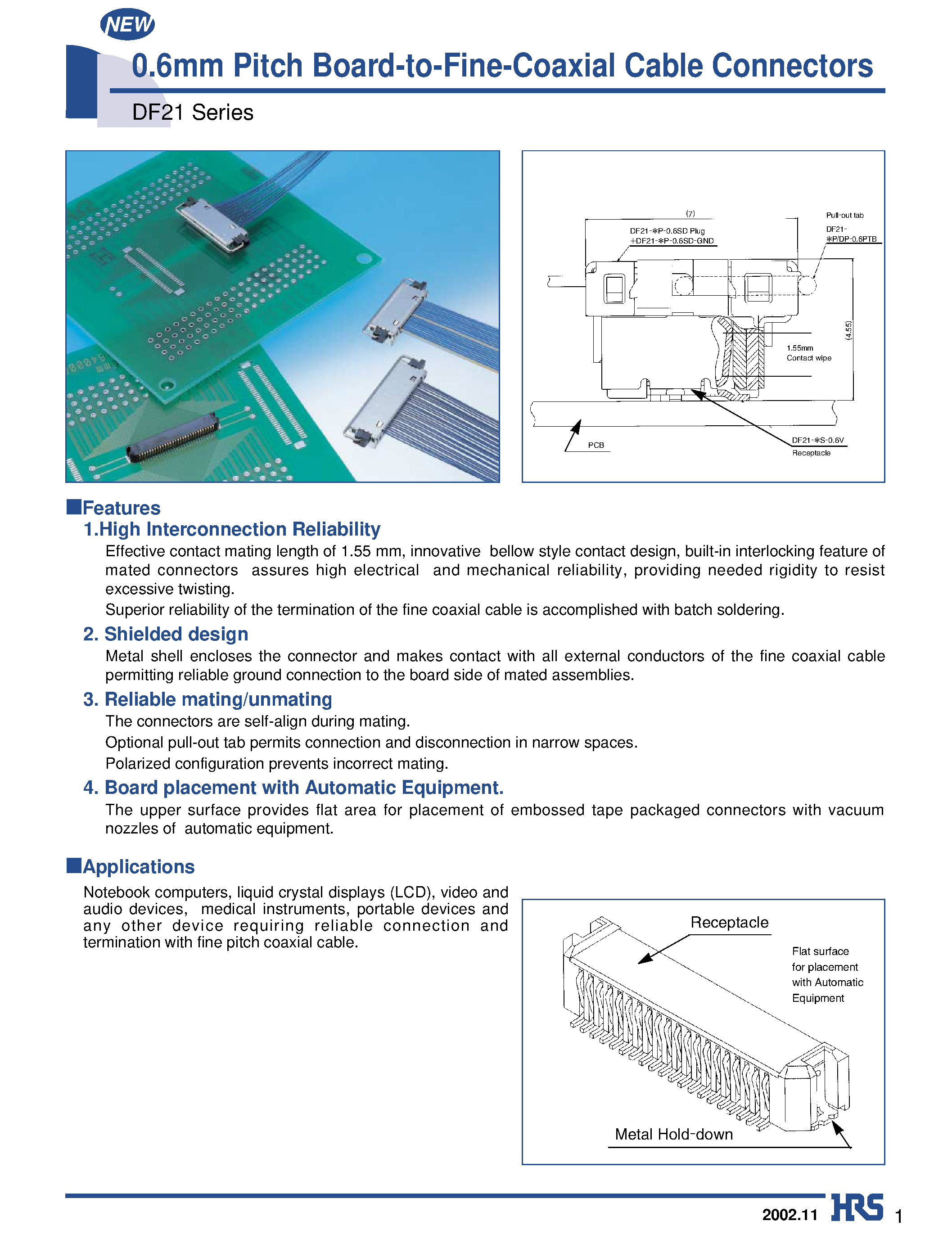 Datasheet DF21-20P-0.6SD - 0.6mm Pitch Board-to-Fine-Coaxial Cable Connectors page 1