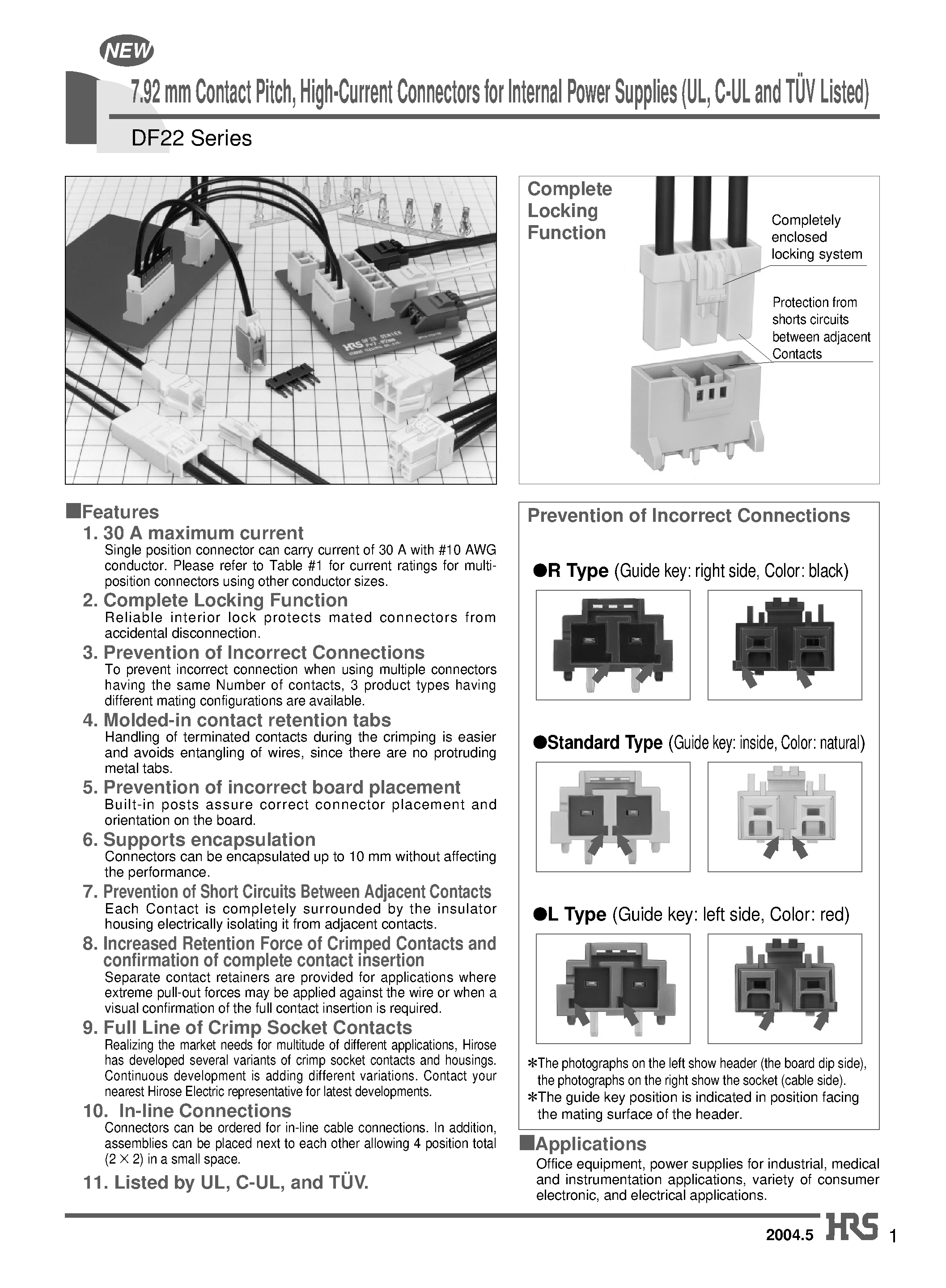 Datasheet DF22-1S-7.92DSA - 7.92 mm Contact Pitch/ High-Current Connectors for Internal Power Supplies (UL/ C-UL and TUV Listed) page 1