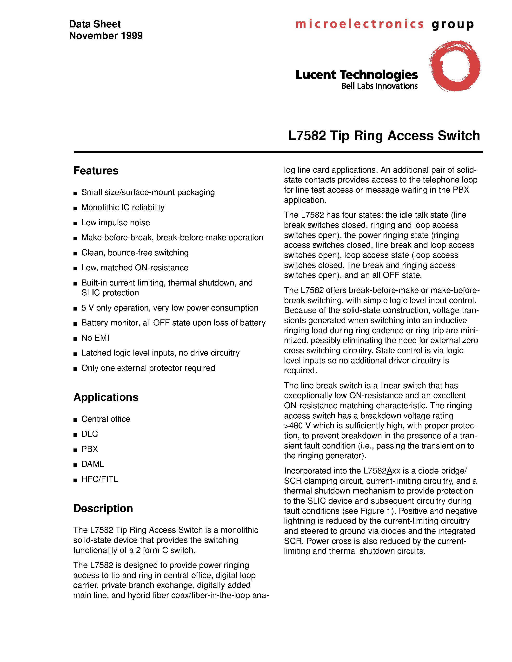 Datasheet ATTL7582AAE - Tip Ring Access Switch page 1