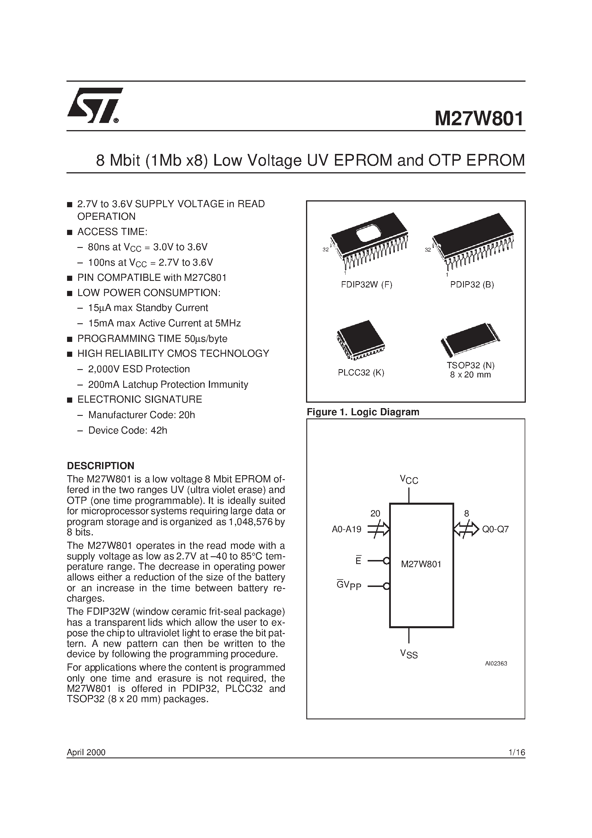 Даташит M27W801 - 8 Mbit 1Mb x8 Low Voltage UV EPROM and OTP EPROM страница 1