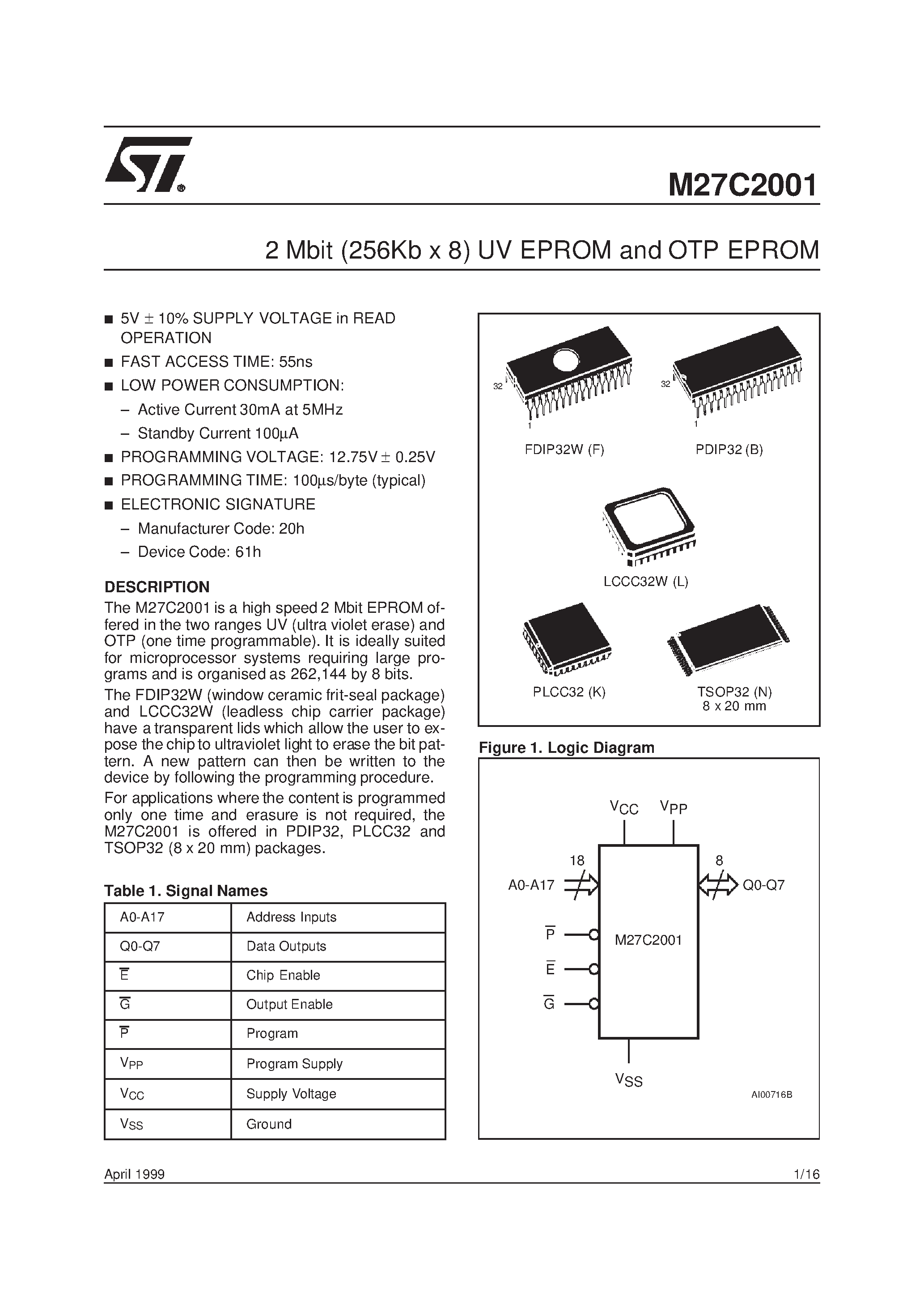 Даташит M27C2001-10B1TR - 2 Mbit 256Kb x 8 UV EPROM and OTP EPROM страница 1