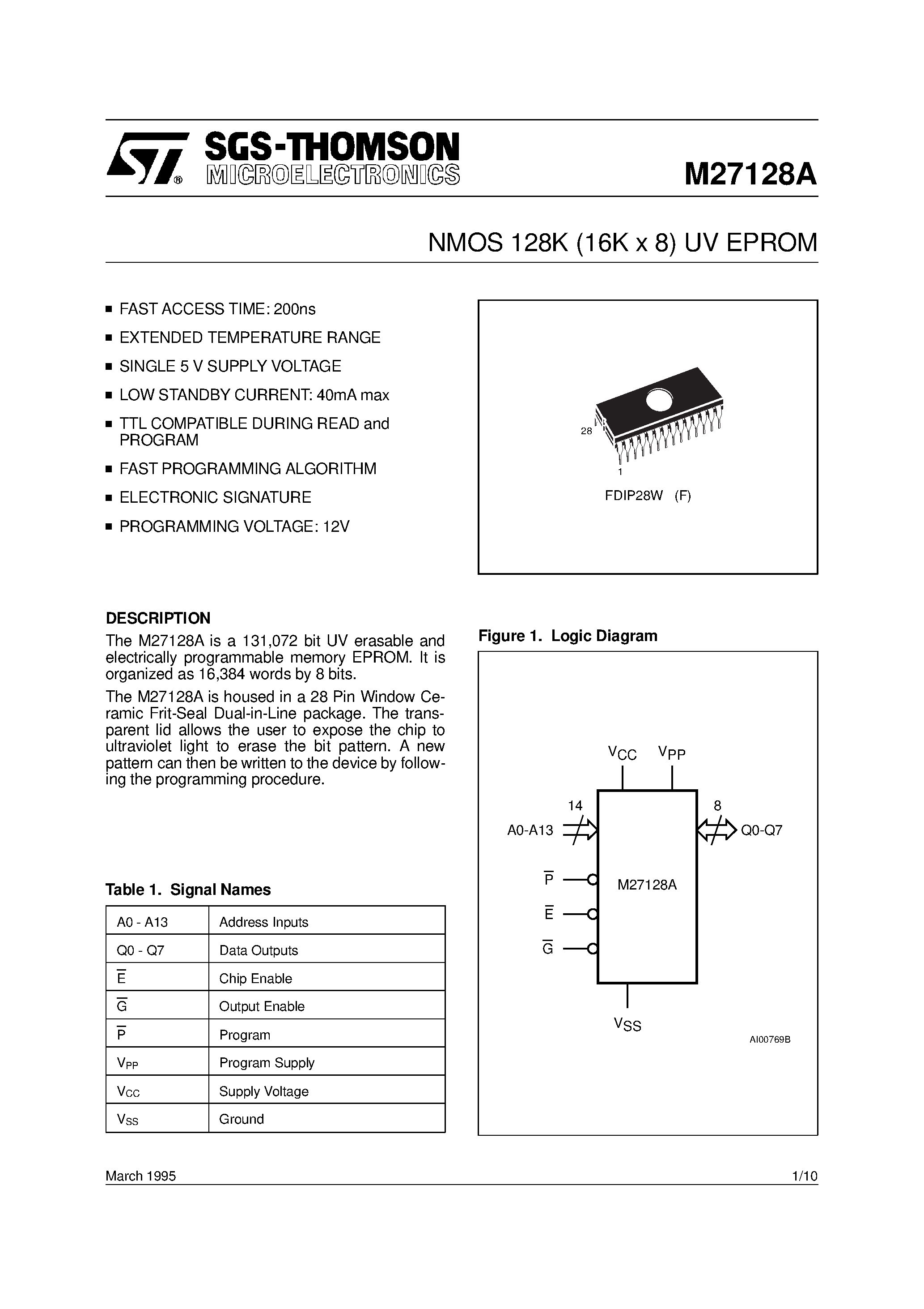 Datasheet M27128A-20F1 - NMOS 128K 16K x 8 UV EPROM page 1