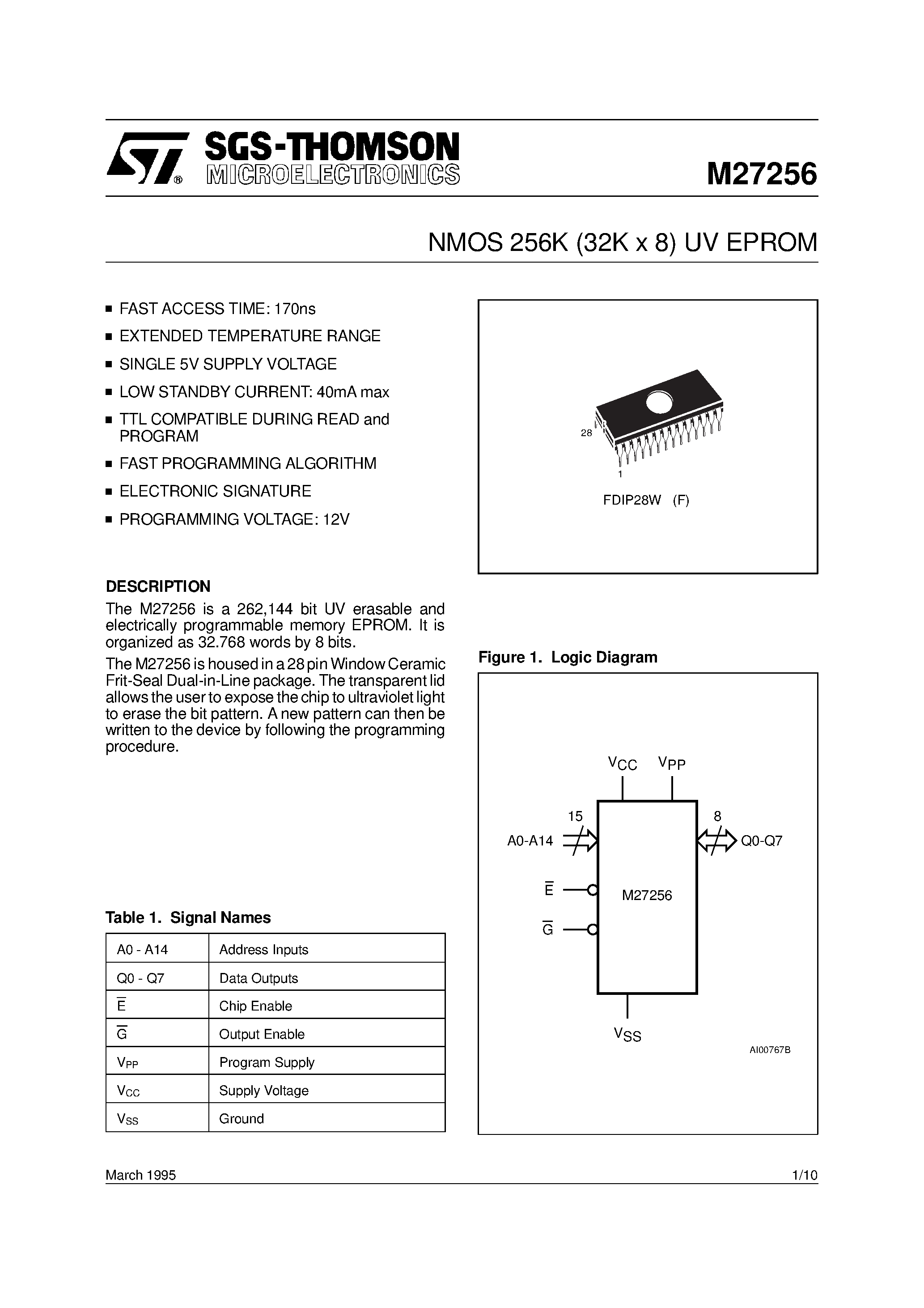 Datasheet M27256-1F1 - NMOS 64K 8K x 8 UV EPROM page 1