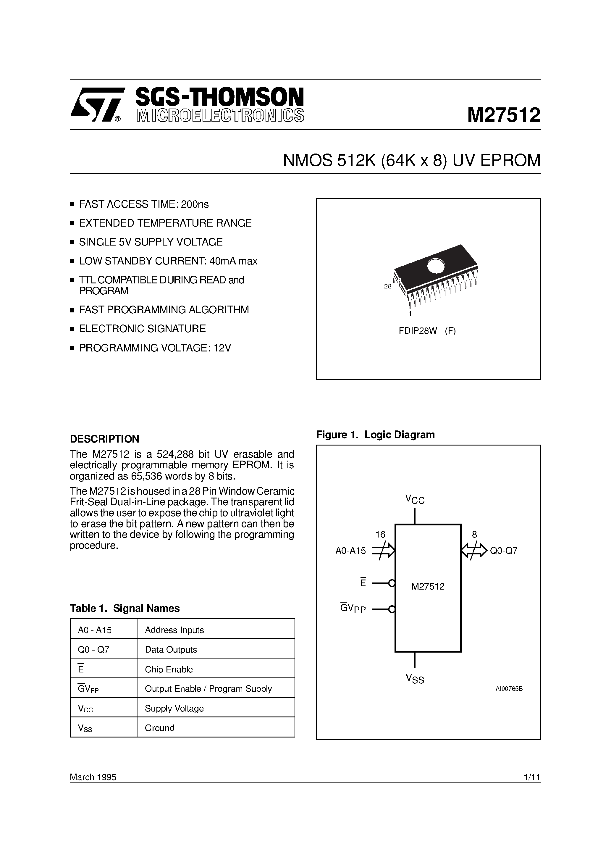 Даташит M27512 - NMOS 512K 64K x 8 UV EPROM страница 1