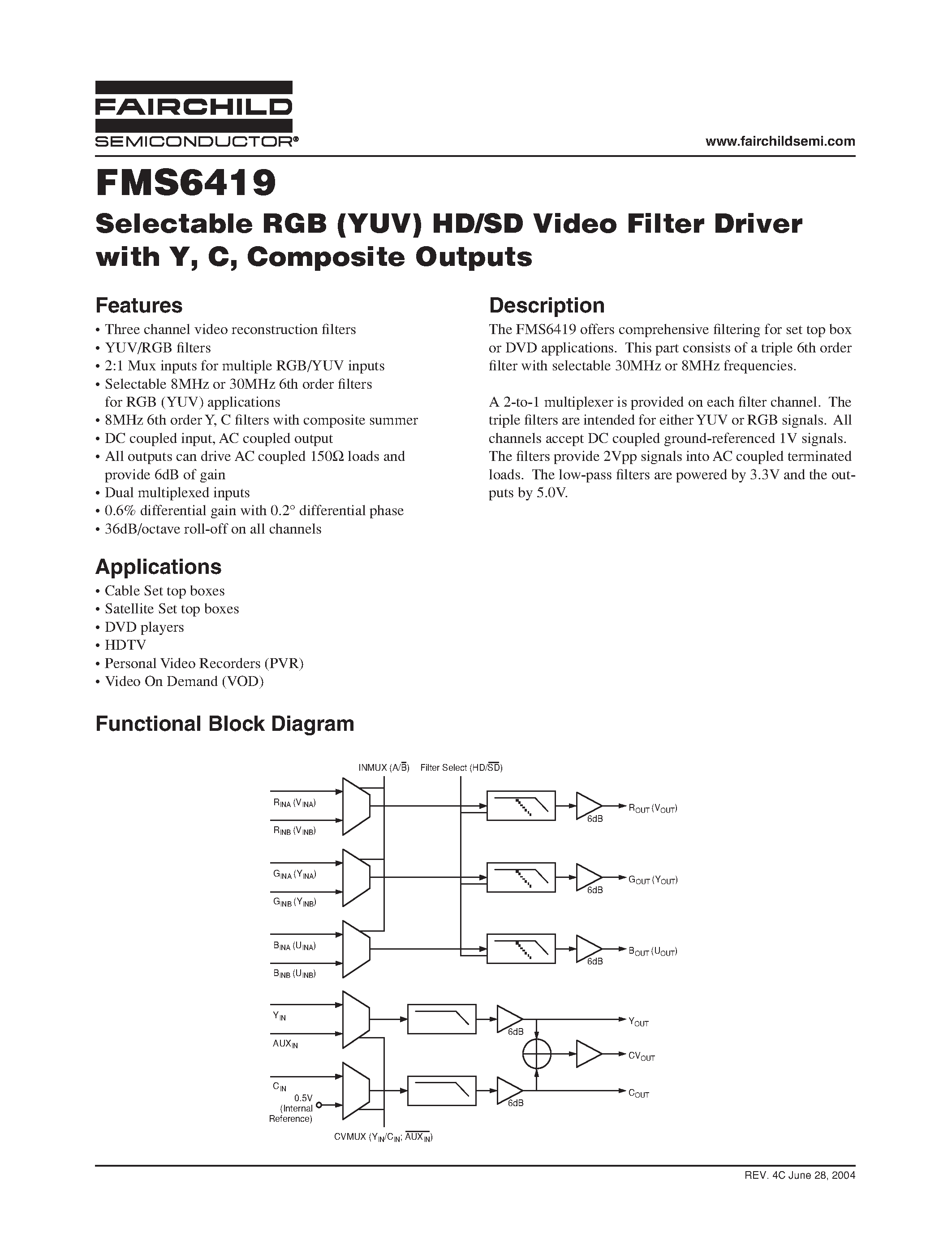 Даташит FMS6419MSA28X - Selectable RGB (YUV) HD/SD Video Filter Driver with Y/ C/ Composite Outputs страница 1