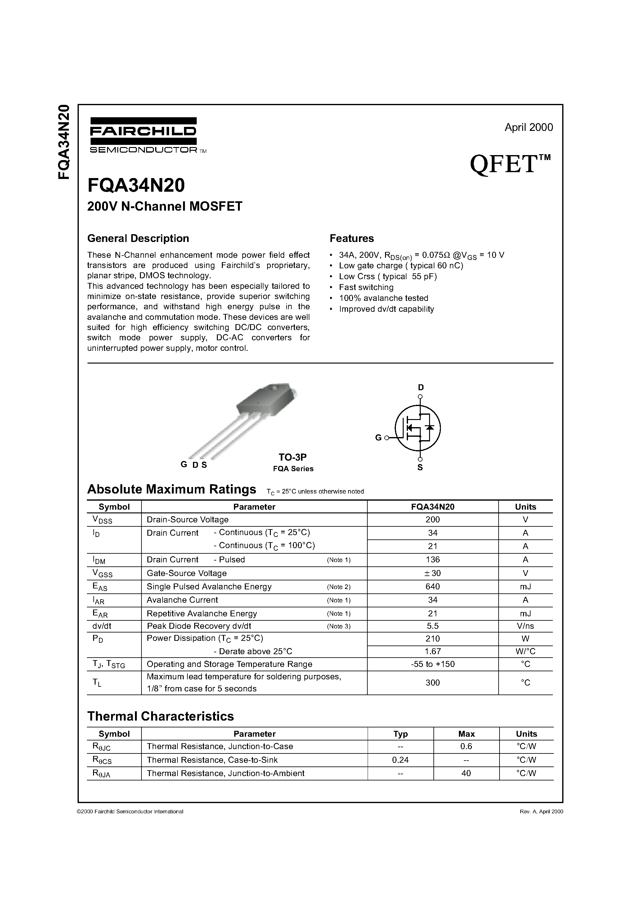 Даташит FQA34N20 - 200V N-Channel MOSFET страница 1