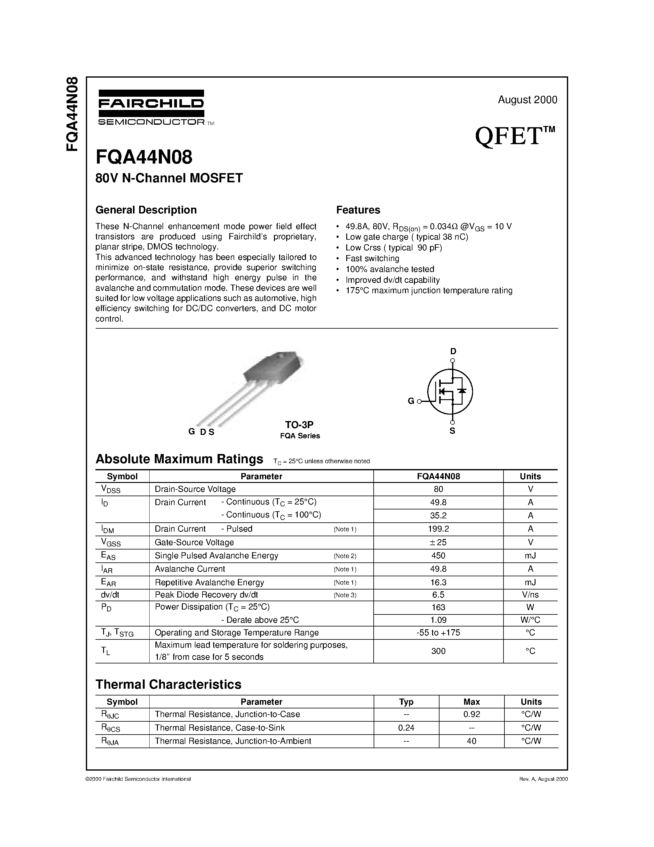 Даташит FQA44N08 - 80V N-Channel MOSFET страница 1