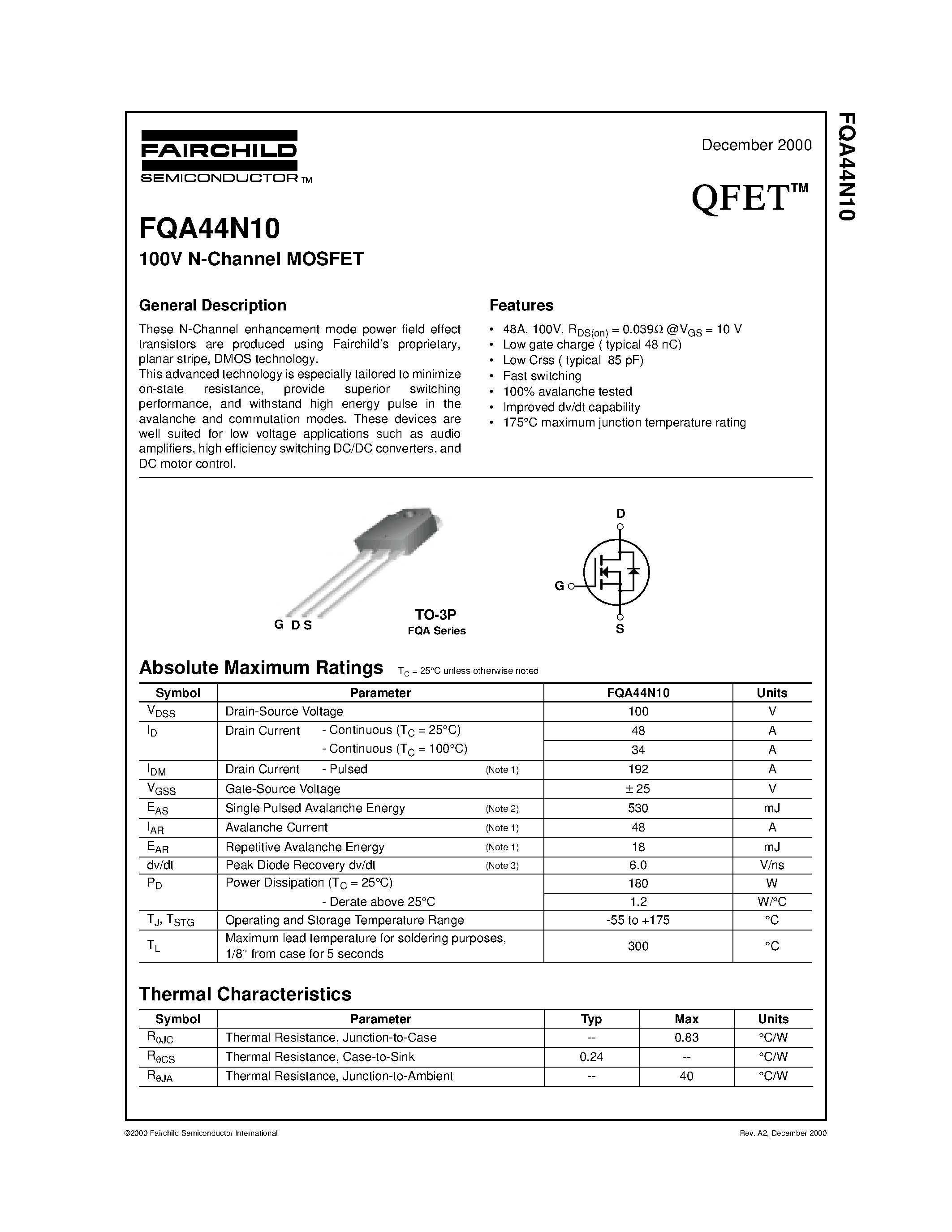 Даташит FQA44N10 - 100V N-Channel MOSFET страница 1