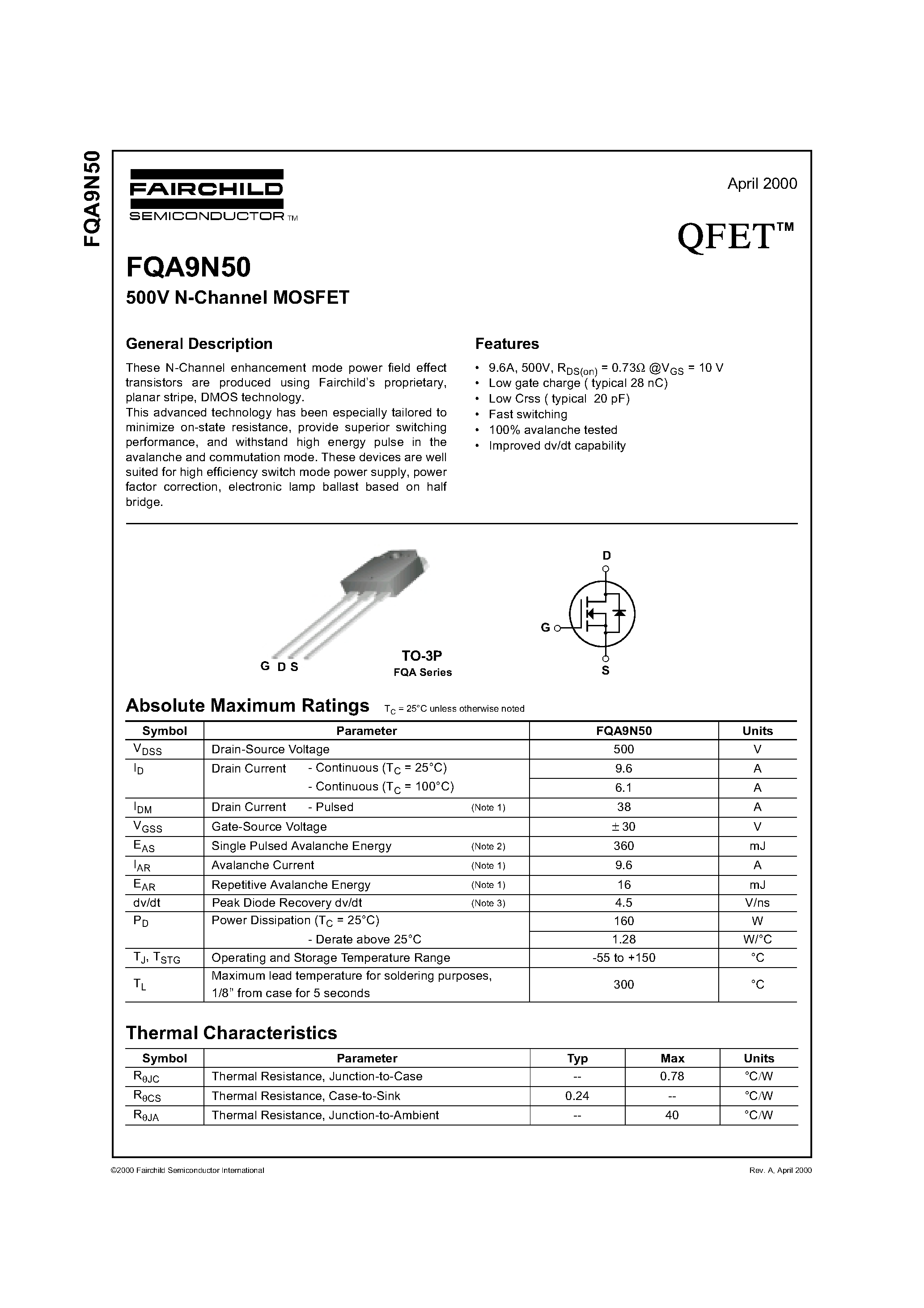 Datasheet FQA9N50 - 500V N-Channel MOSFET page 1