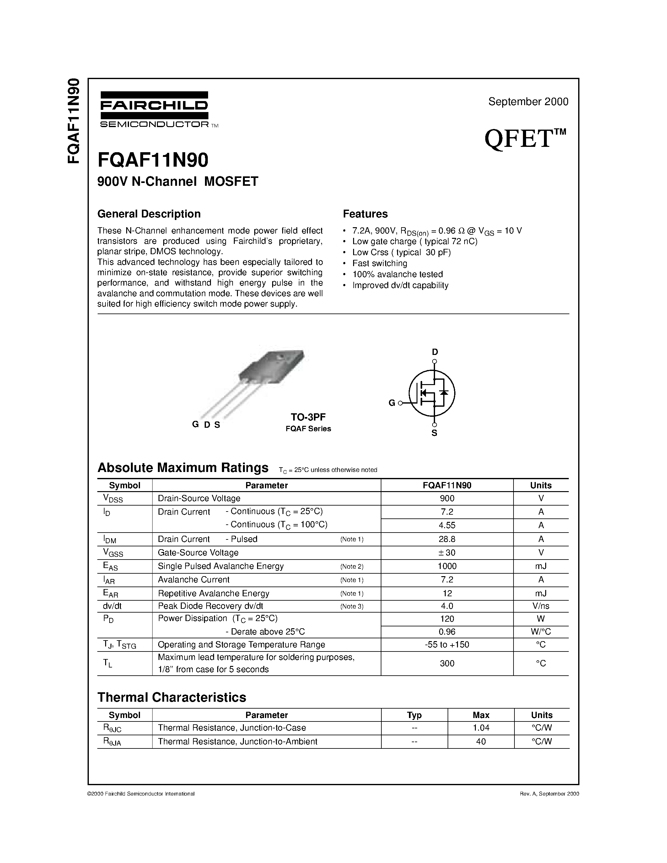 Даташит FQAF11N90 - 900V N-Channel MOSFET страница 1