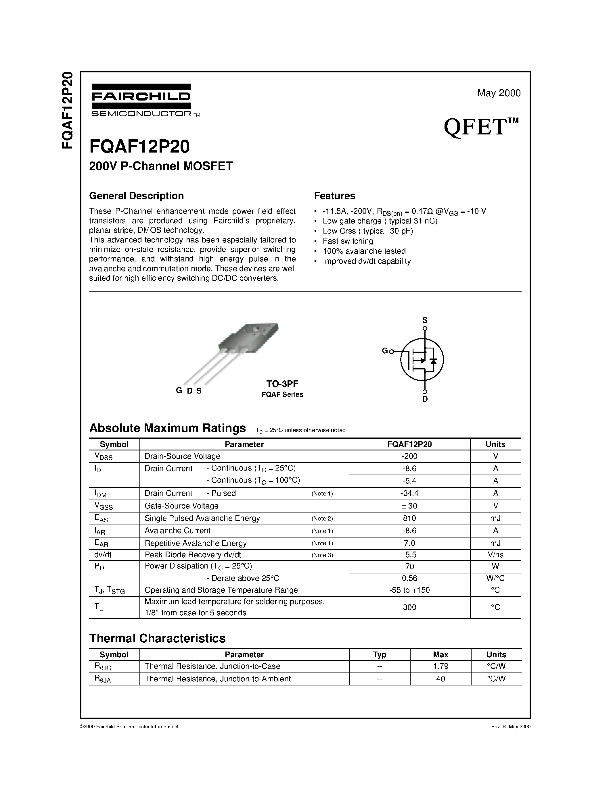 Даташит FQAF12P20 - 200V P-Channel MOSFET страница 1