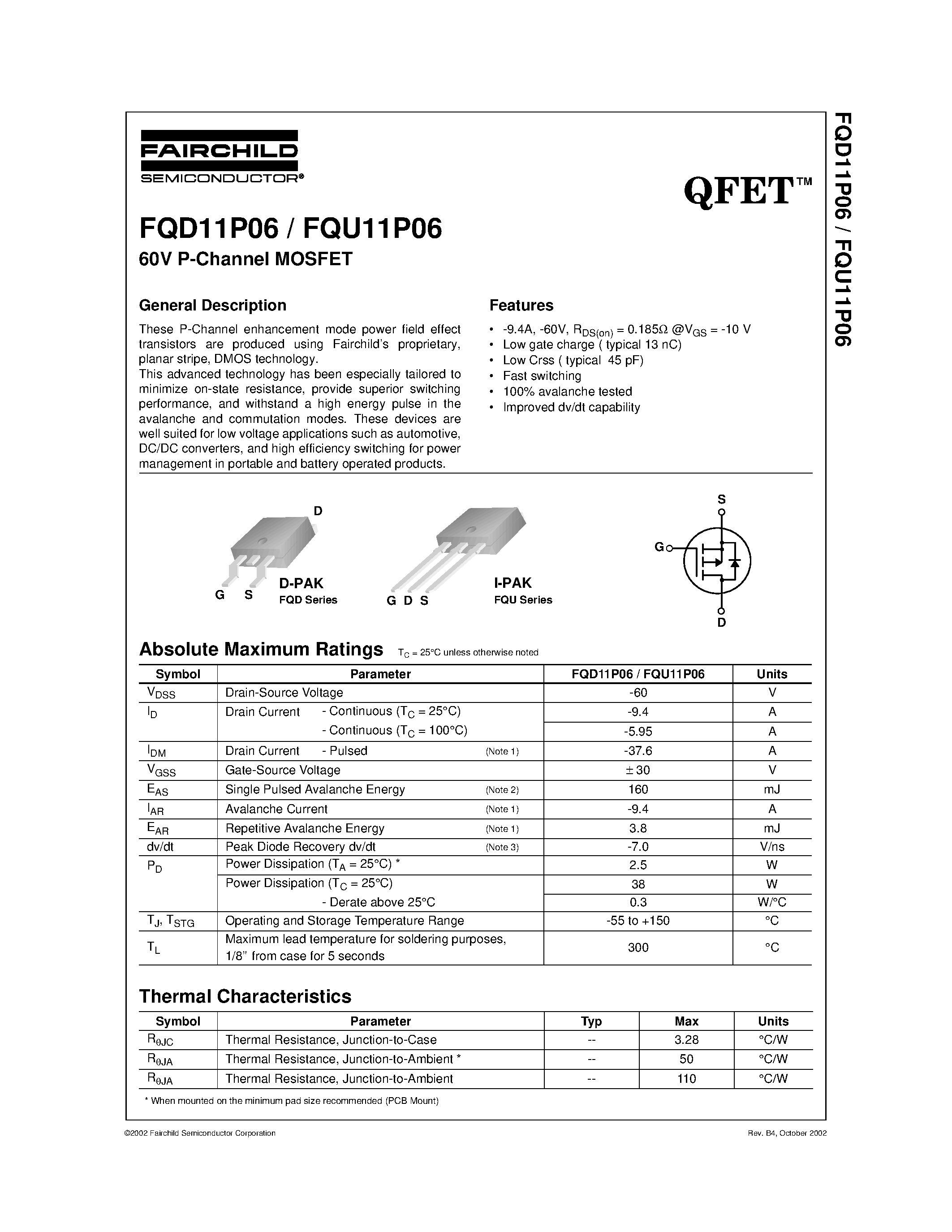 Даташит FQD11P06 - 60V P-Channel MOSFET страница 1