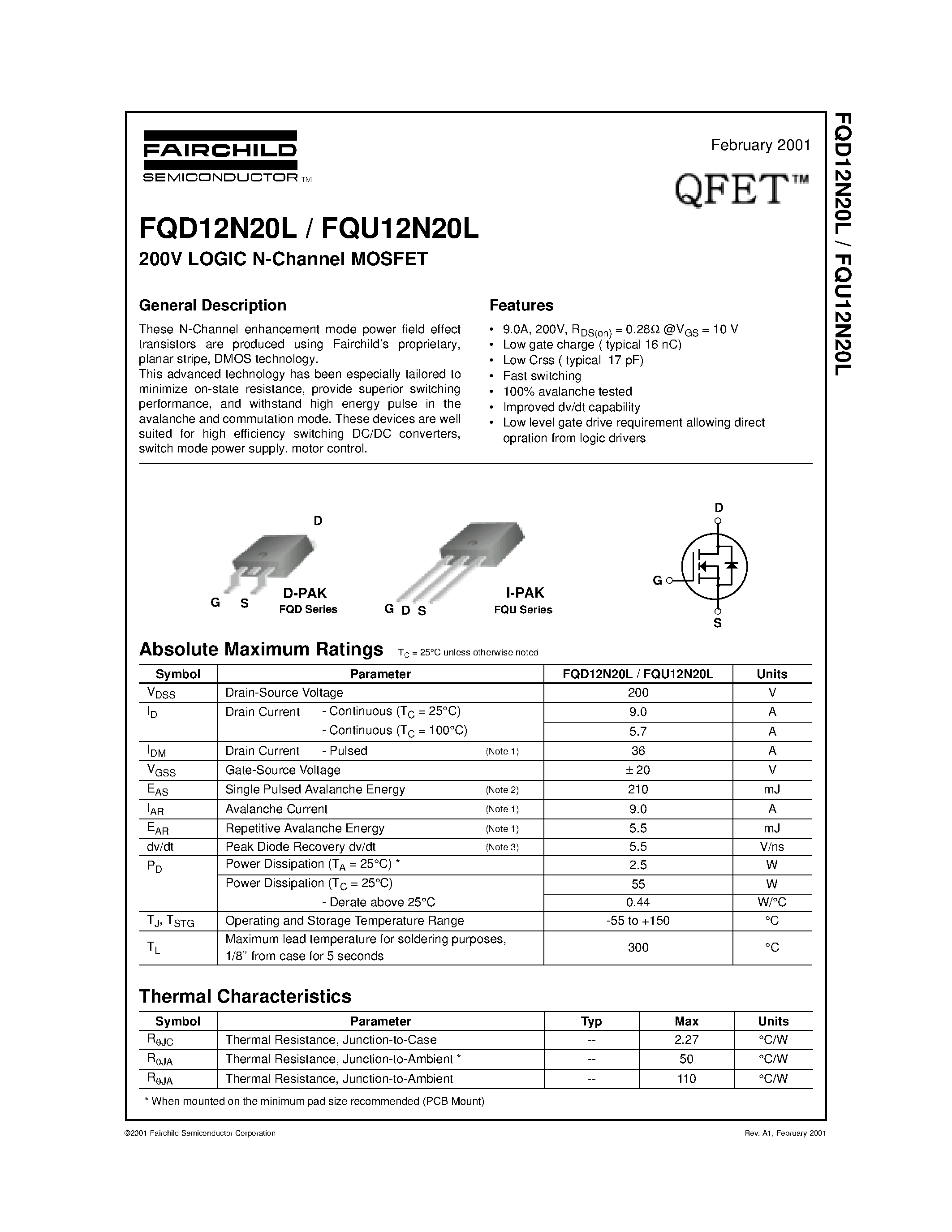 Datasheet FQD12N20L - 200V LOGIC N-Channel MOSFET page 1