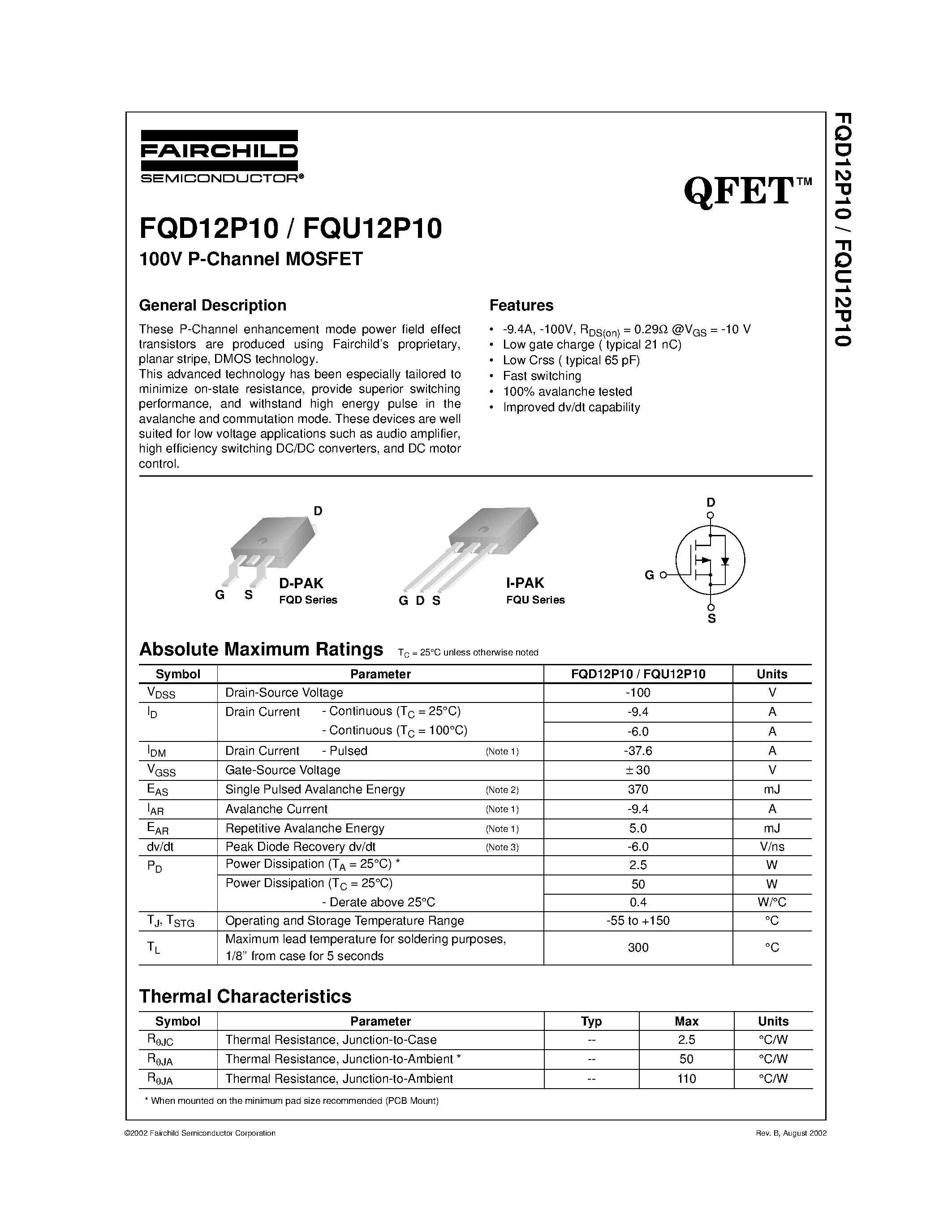 Datasheet FQD12P10 - 100V P-Channel MOSFET page 1
