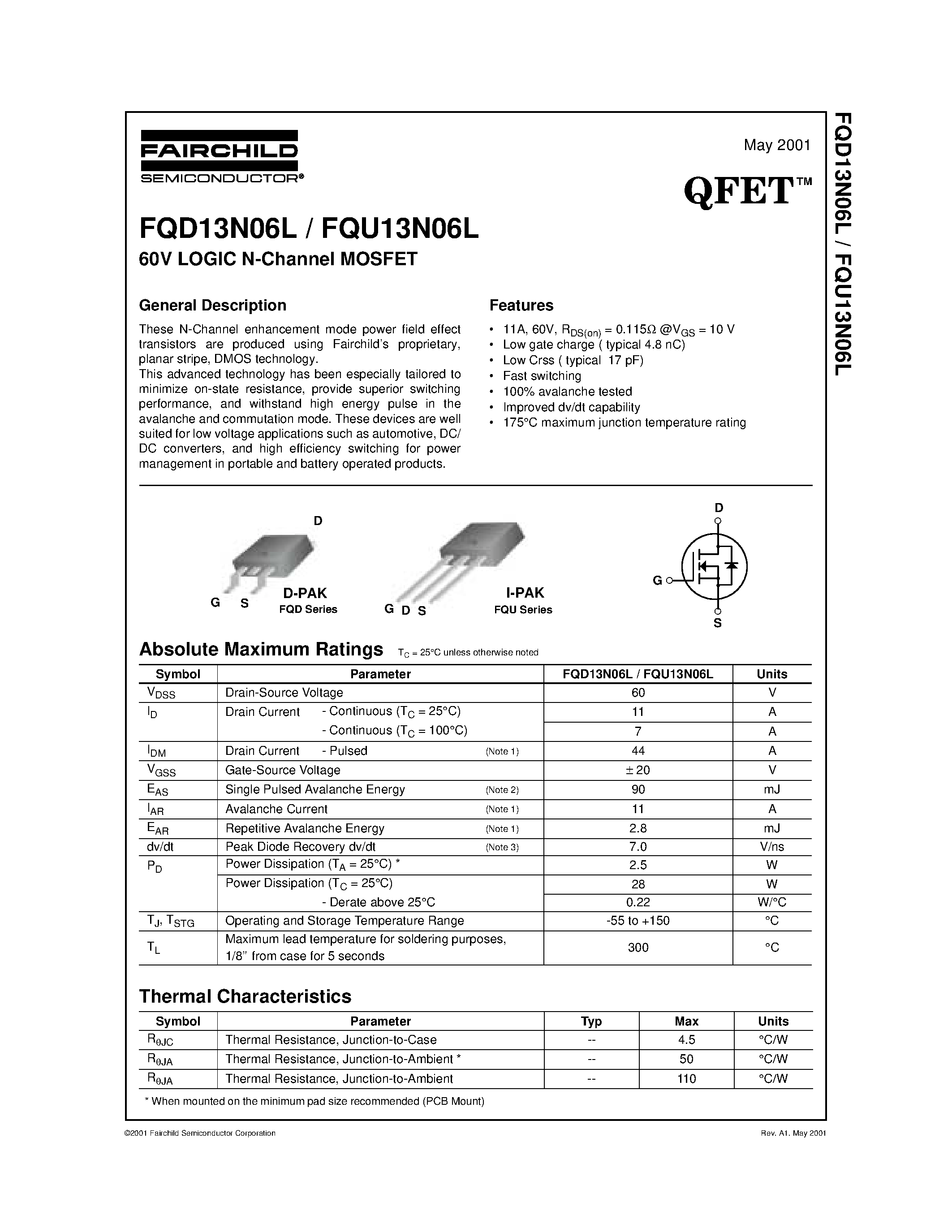 Даташит FQD13N06L - 60V LOGIC N-Channel MOSFET страница 1