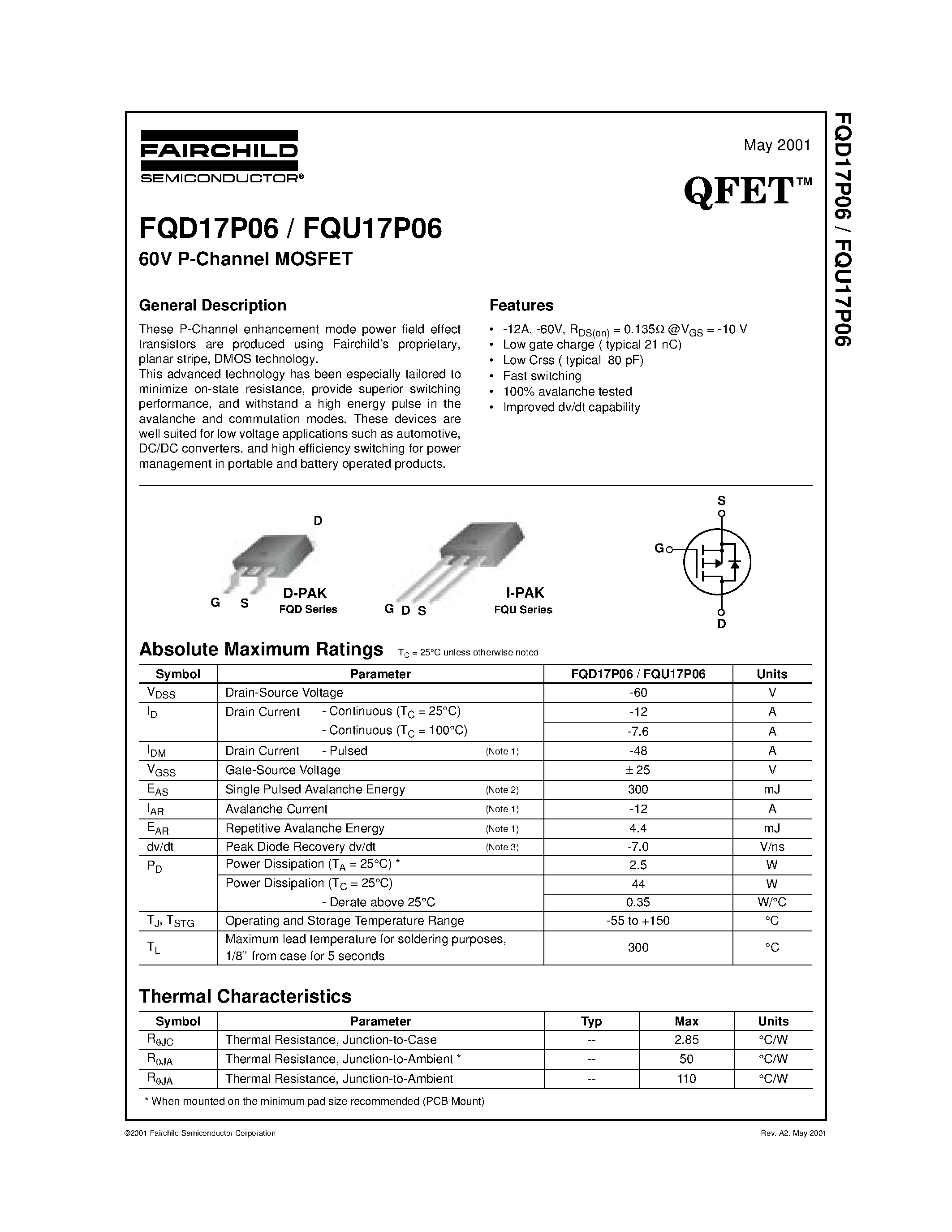 Datasheet FQD17P06 - 60V P-Channel MOSFET page 1