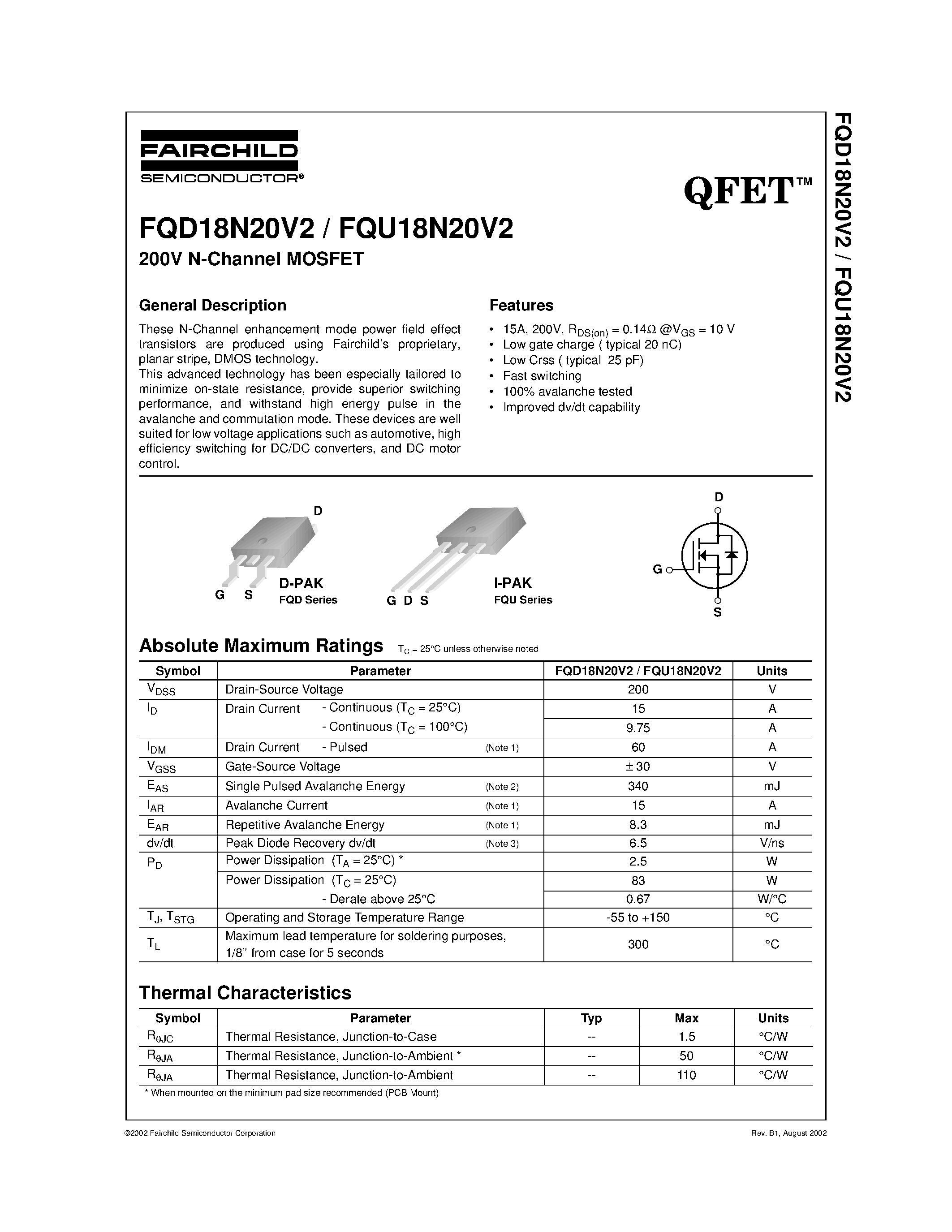 Datasheet FQD18N20V2 - 200V N-Channel MOSFET page 1