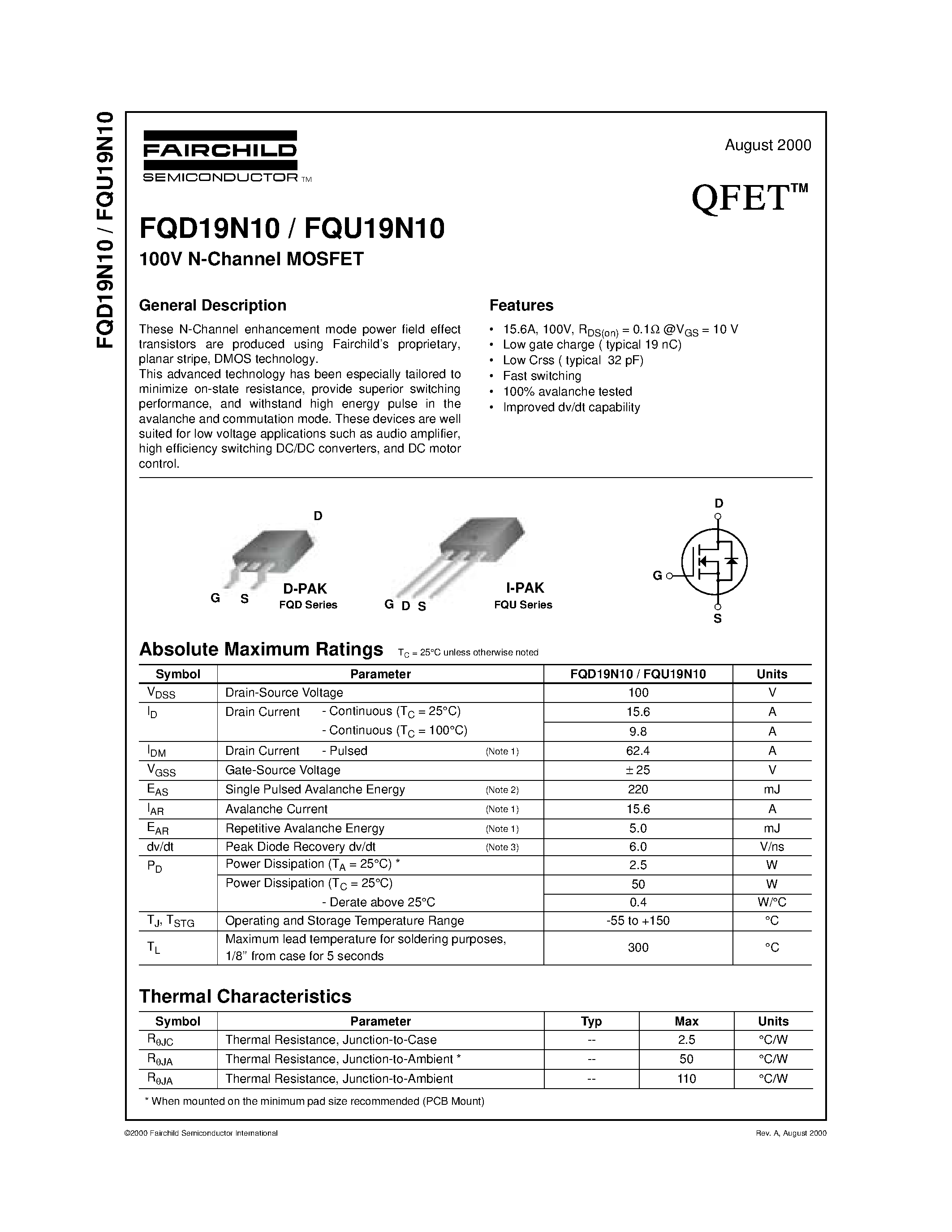 Datasheet FQD19N10 - 100V N-Channel MOSFET page 1