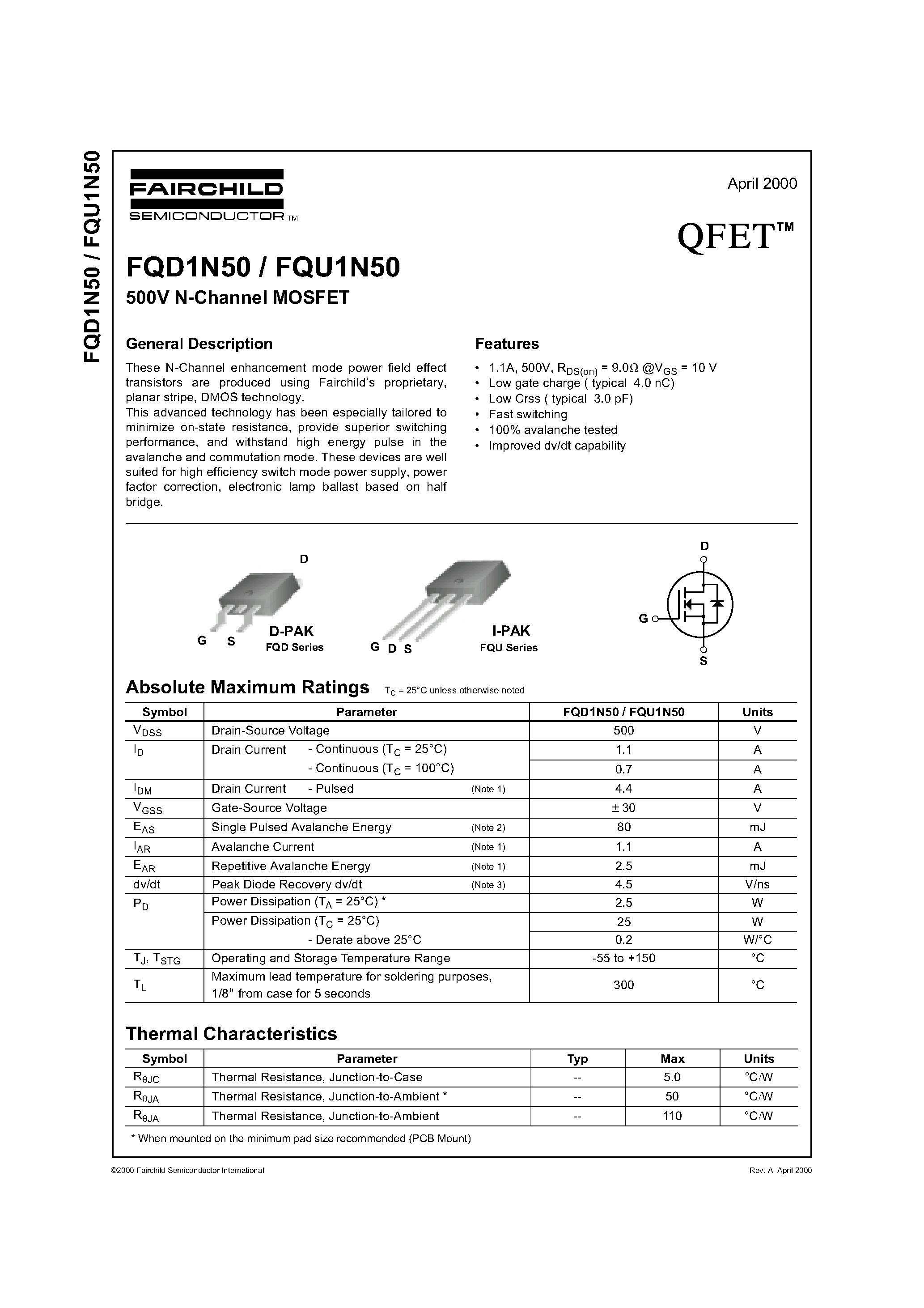 Datasheet FQD1N50 - 500V N-Channel MOSFET page 1