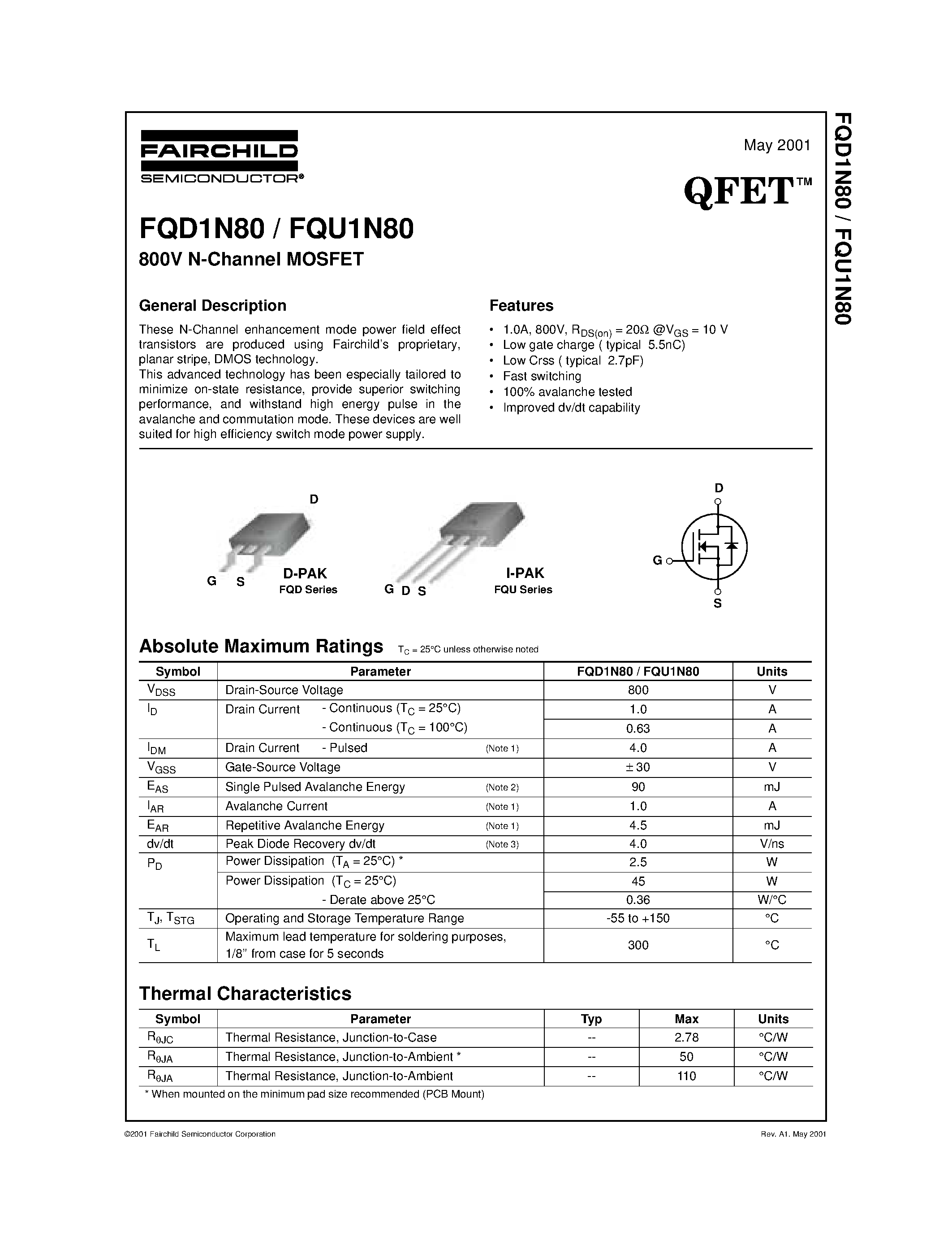Datasheet FQD1N80 - 800V N-Channel MOSFET page 1