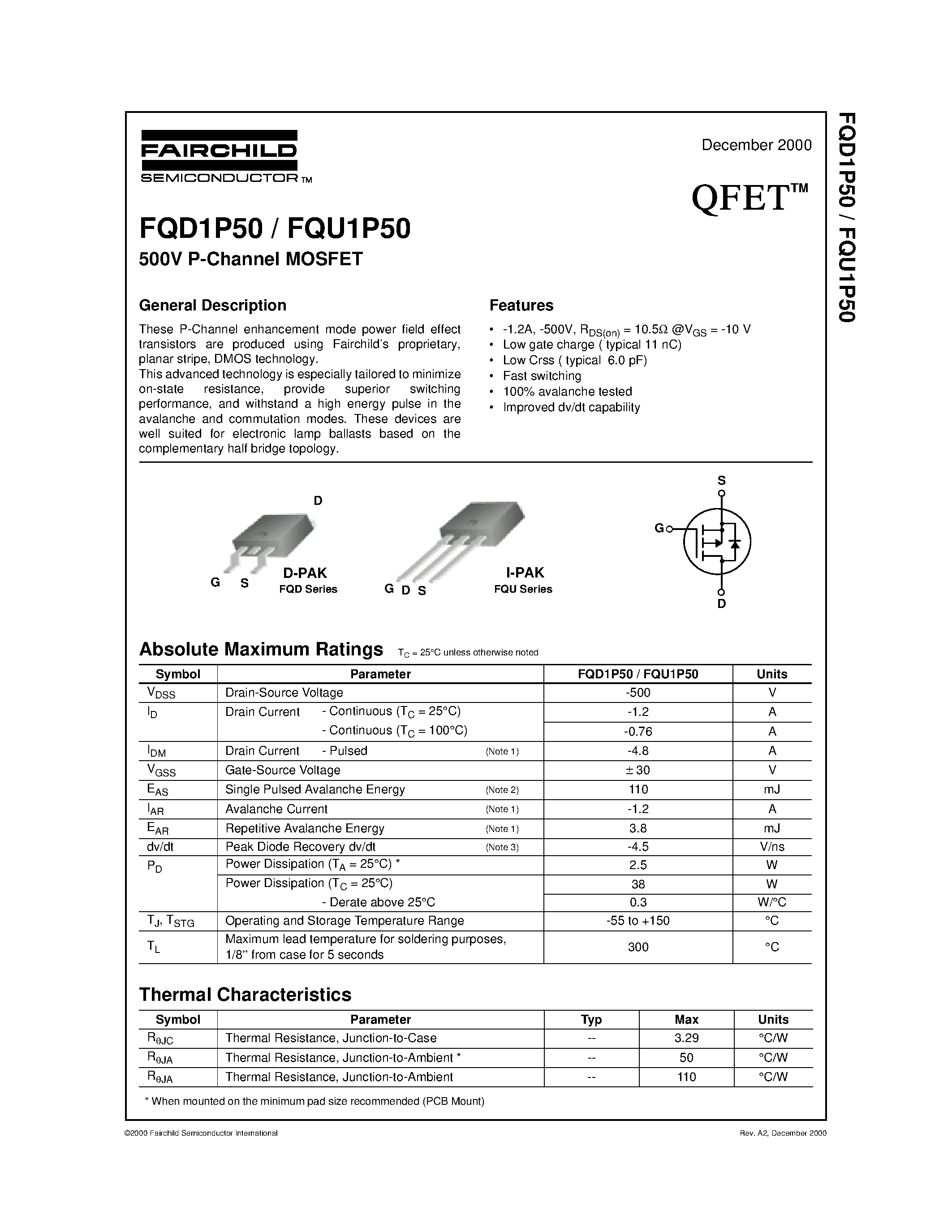 Datasheet FQD1P50 - 500V P-Channel MOSFET page 1