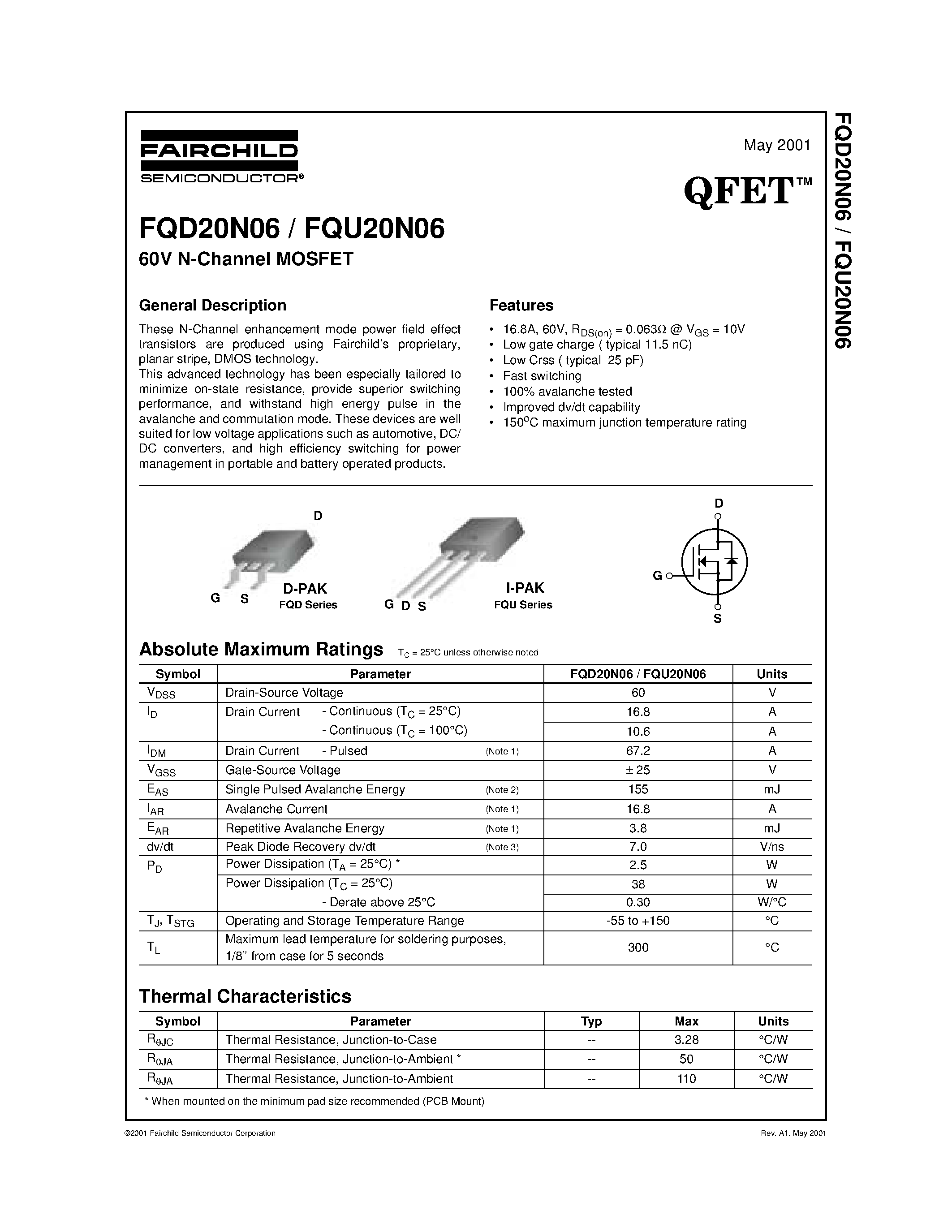 Datasheet FQD20N06 - 60V N-Channel MOSFET page 1