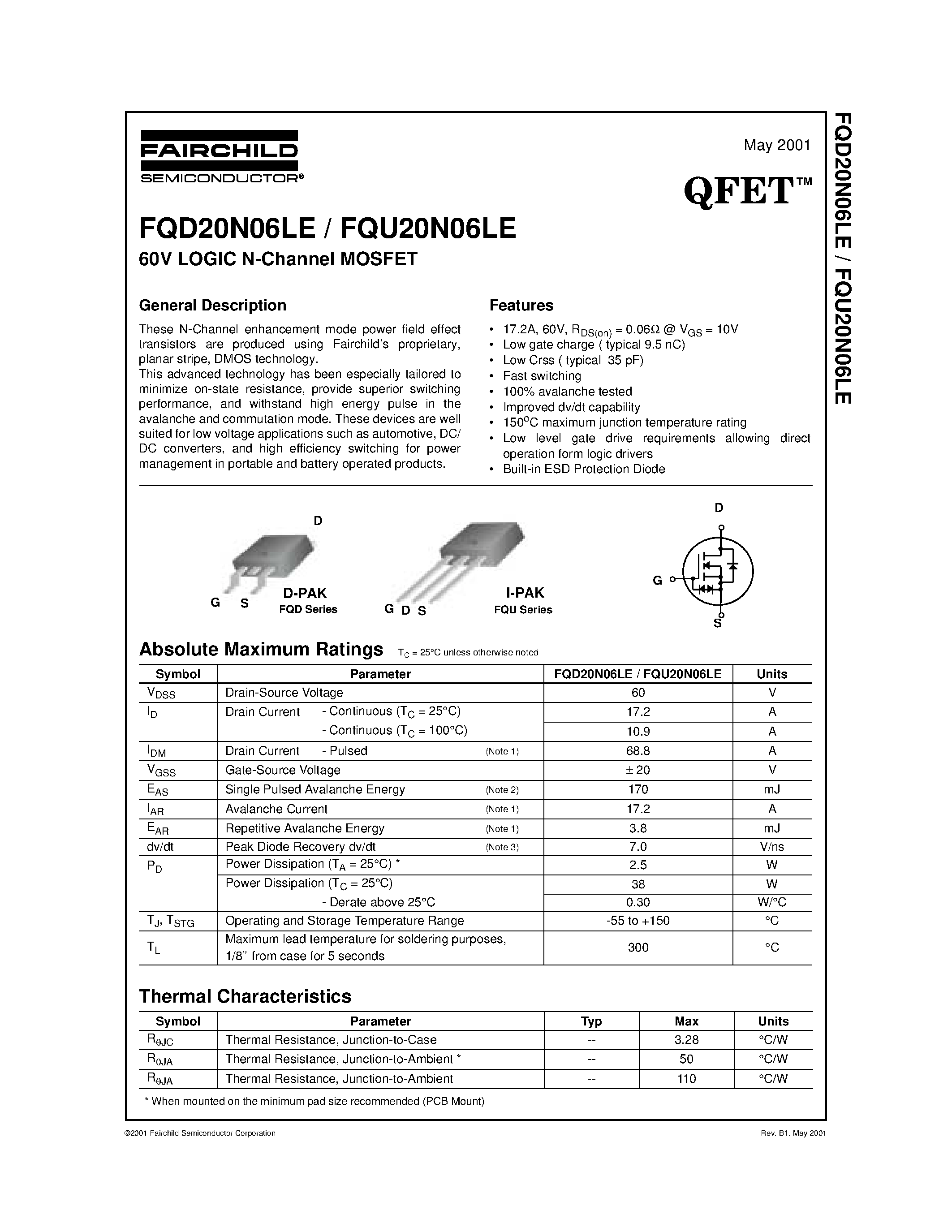 Datasheet FQD20N06LE - 60V LOGIC N-Channel MOSFET page 1