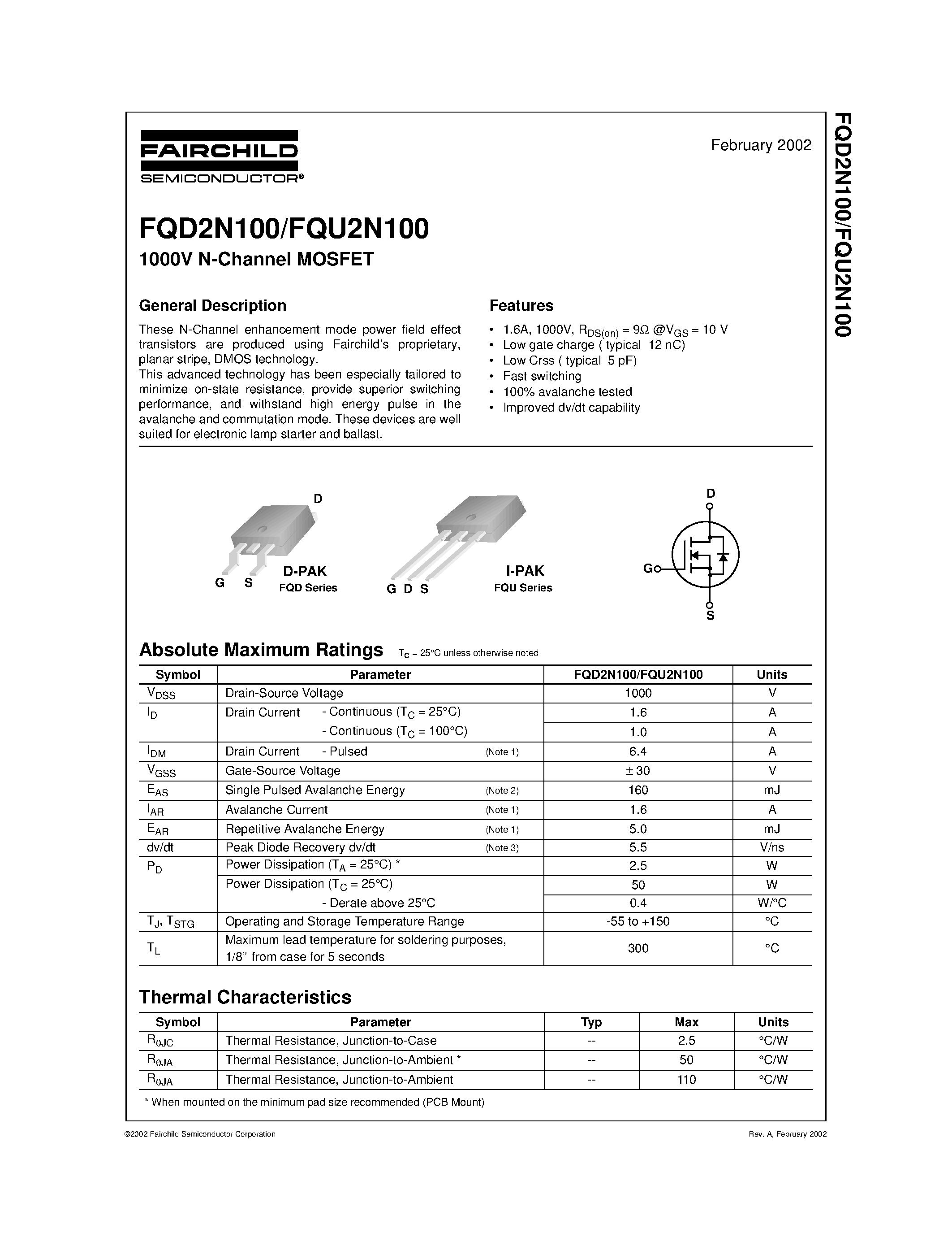 Datasheet FQD2N100 - 1000V N-Channel MOSFET page 1