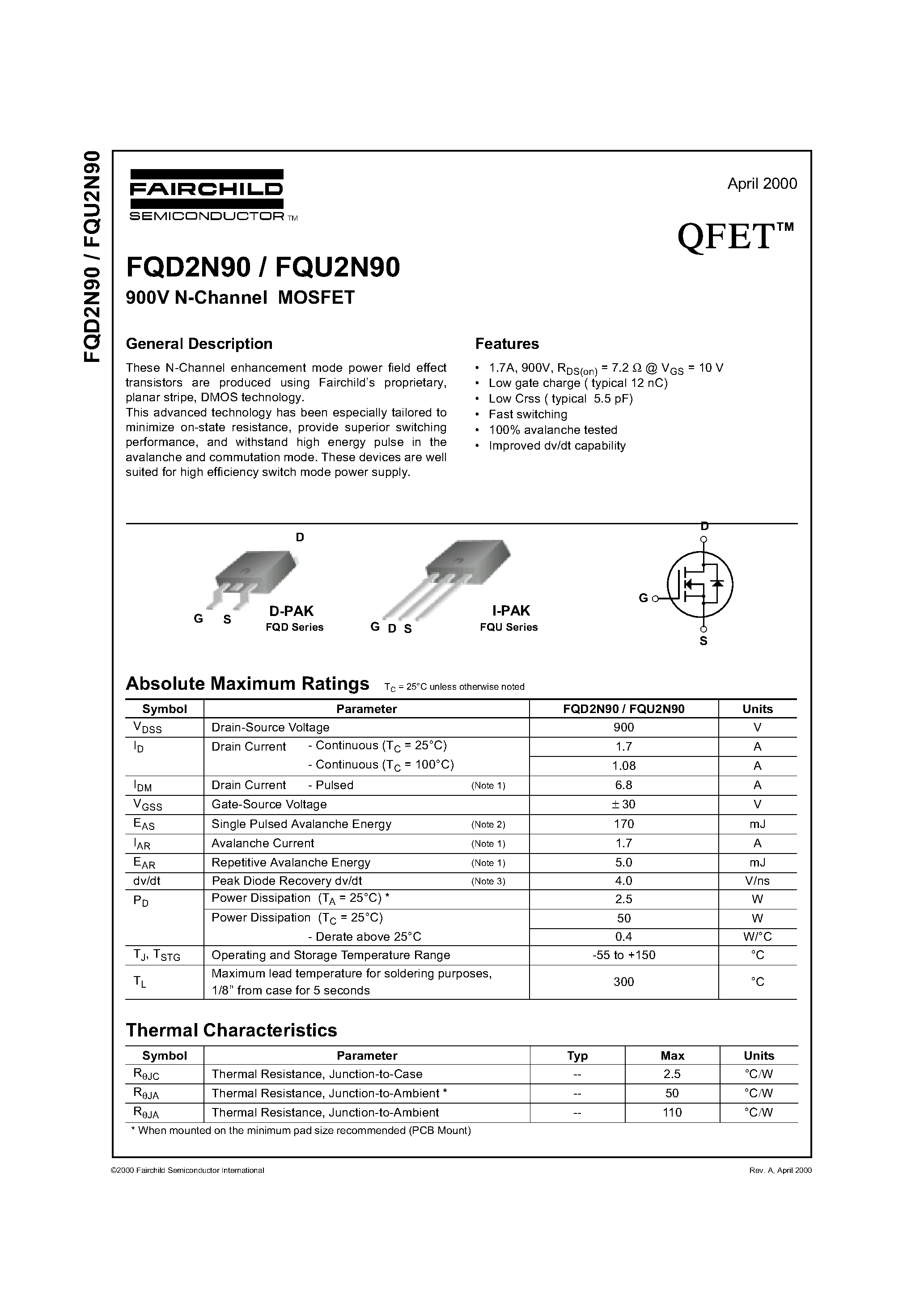 Datasheet FQD2N90 - 900V N-Channel MOSFET page 1